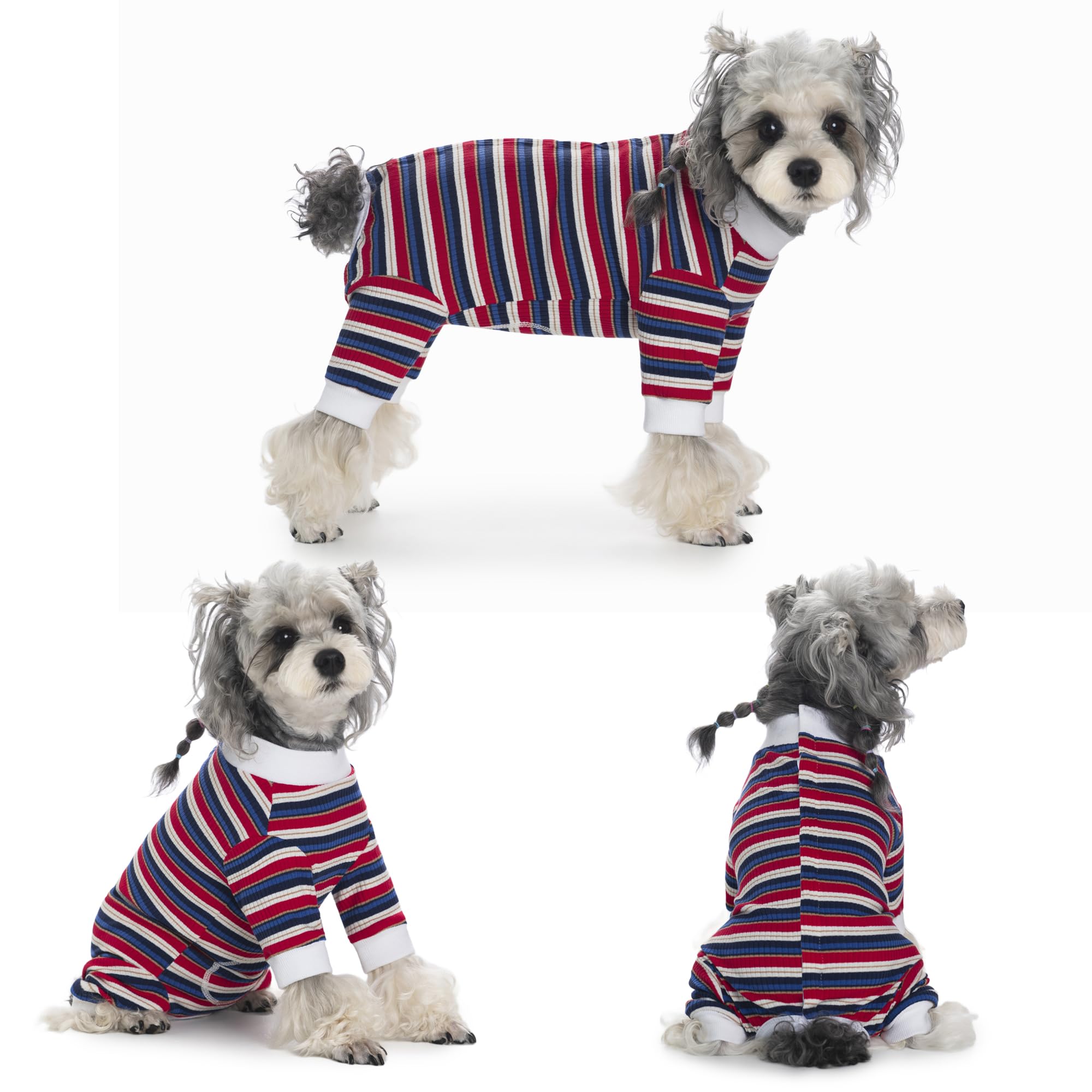 Body Perro Post Cirugía Hembra Macho Traje de Recuperación para Perros Manga Larga a Rayas Body Post Quirurgico Cachorro Pijama Camiseta Médica Gatos Protección de Heridas, Azul-Rojo L