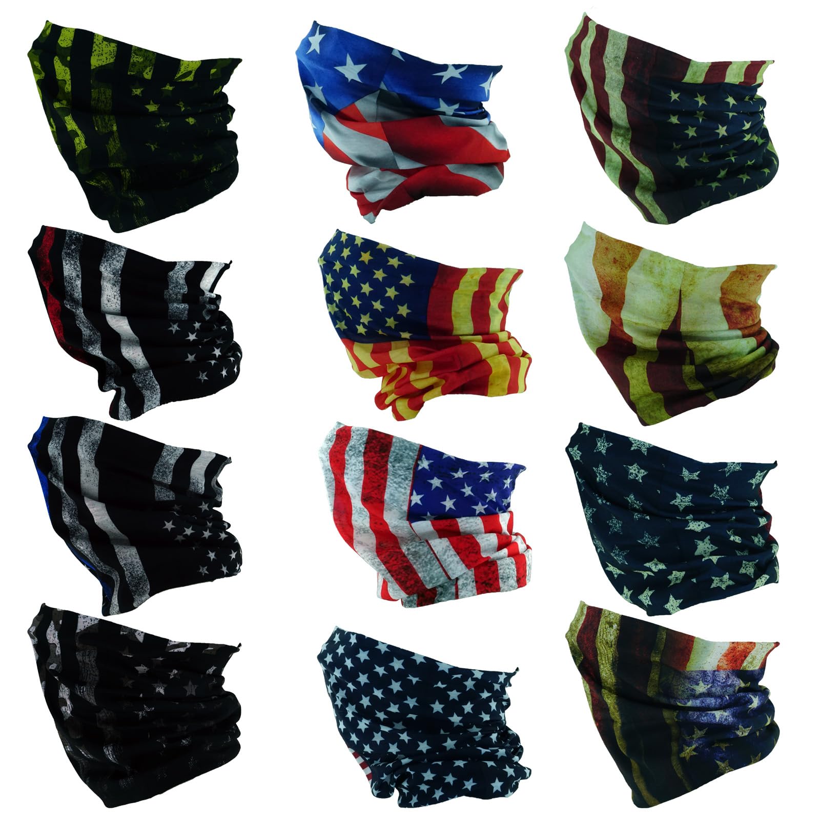 12 Bandanas Polyvalents pour Femmes Hommes Bandeau Cagoule Foulard Visage Demi-Masque Airsoft Paintball Cache-Cou Respirant Réutilisable Lavable Drapeau Américain Old Glory Distress Noir Bleu