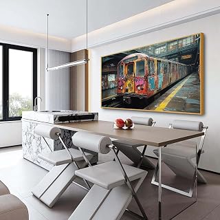 Banksy Graffiti Street Wall Art, Graffiti Art On A Subway Train, Colorful Train Paintings, Subway Artwork, 1970s New York City Wall Decor, Modern Living Room Decor (Gold Framed, 23"Wx13"H/60x35cm)
