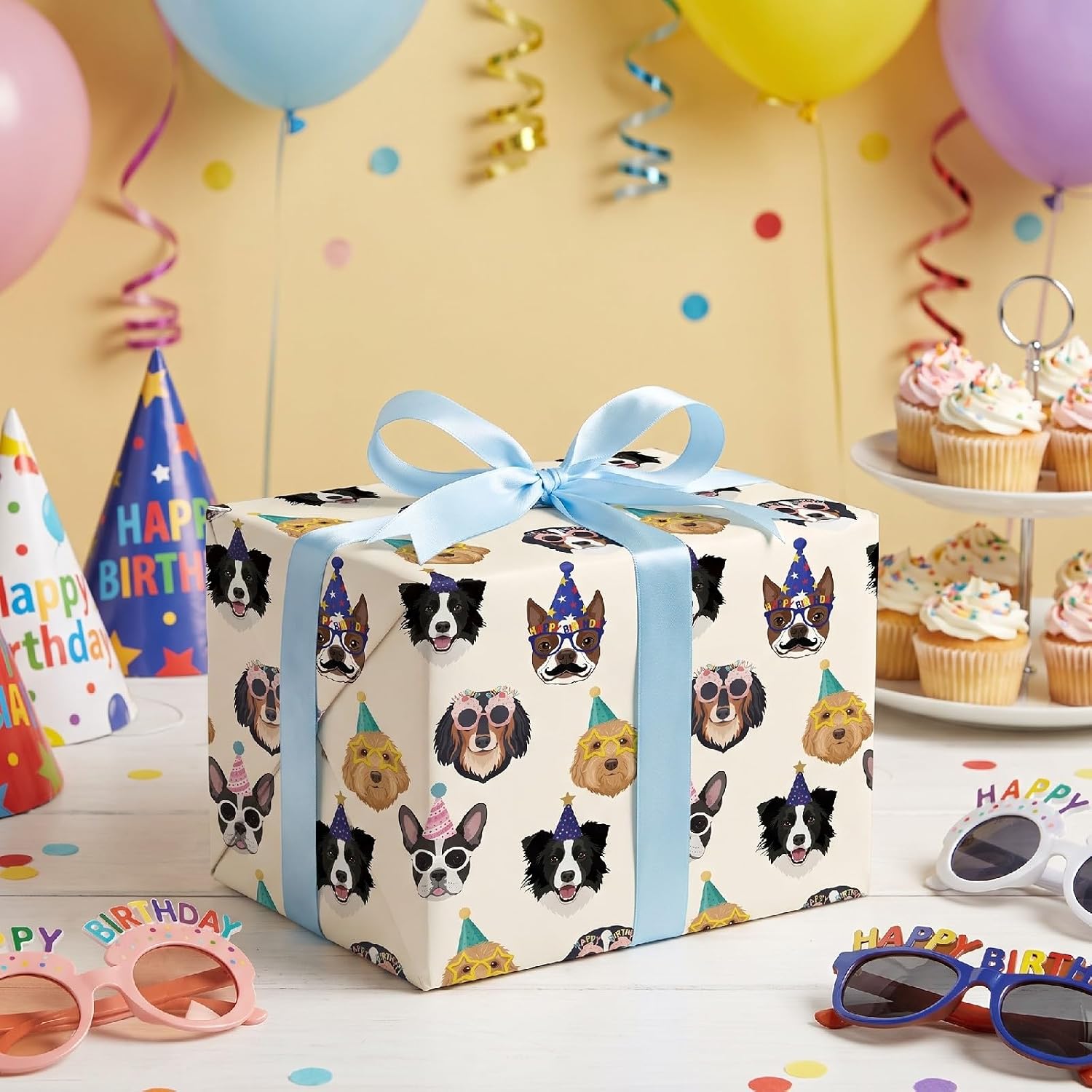 RUSPEPA Dog Birthday Wrapping Paper Roll, Mini Roll, Cute Party Dogs with Hats & Glasses Design Gift Wrap Paper for Kids, Boys, Girls, Pet Lovers, Birthday Party, Baby Shower, 17 Inches x 9.8 Feet image 3