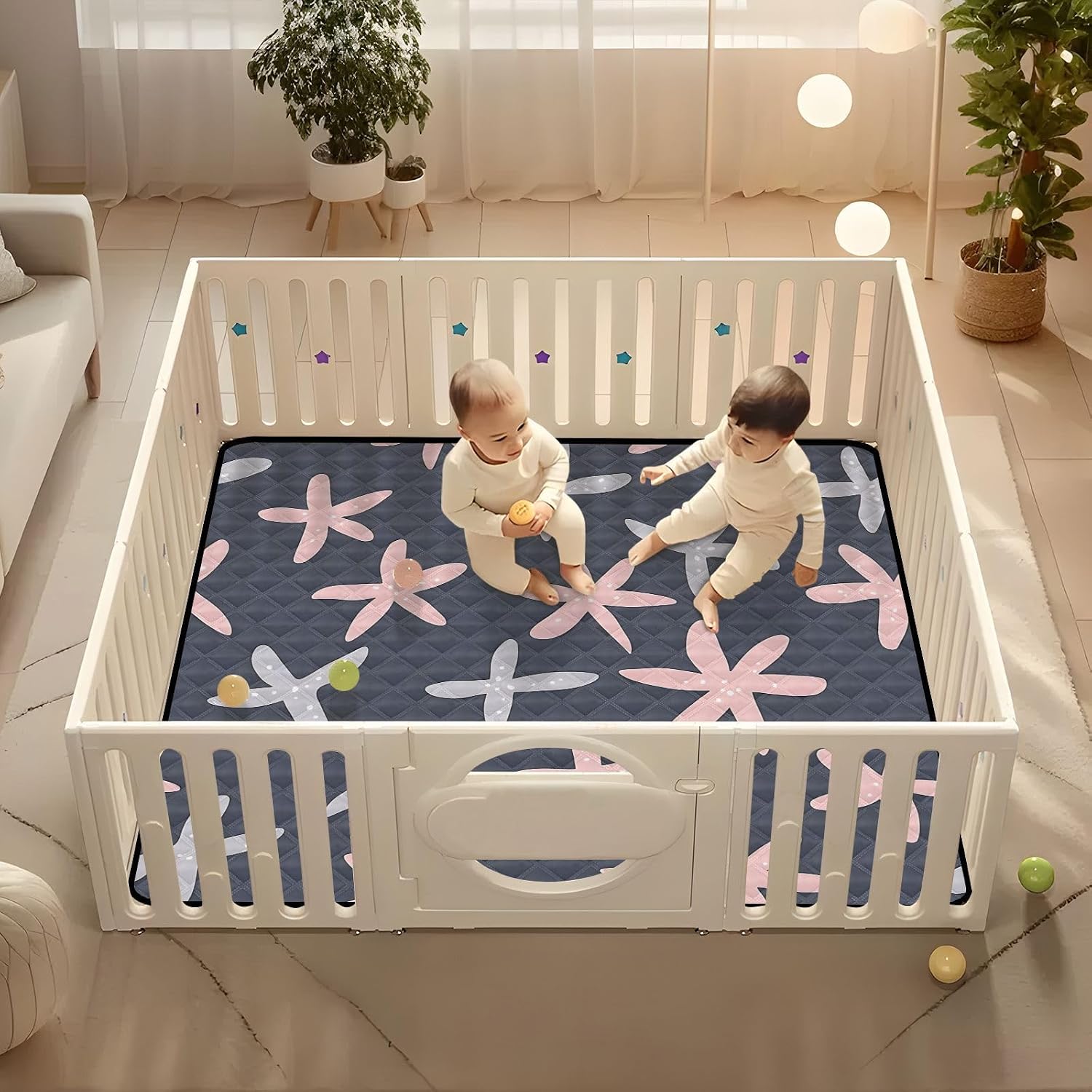 Doodle Colorful Flower Pattern Baby Play Mat, 50“ X 50” Washable Folding Crawling Mat, Baby Floor Mat, Soft, Thick, Non-Slip