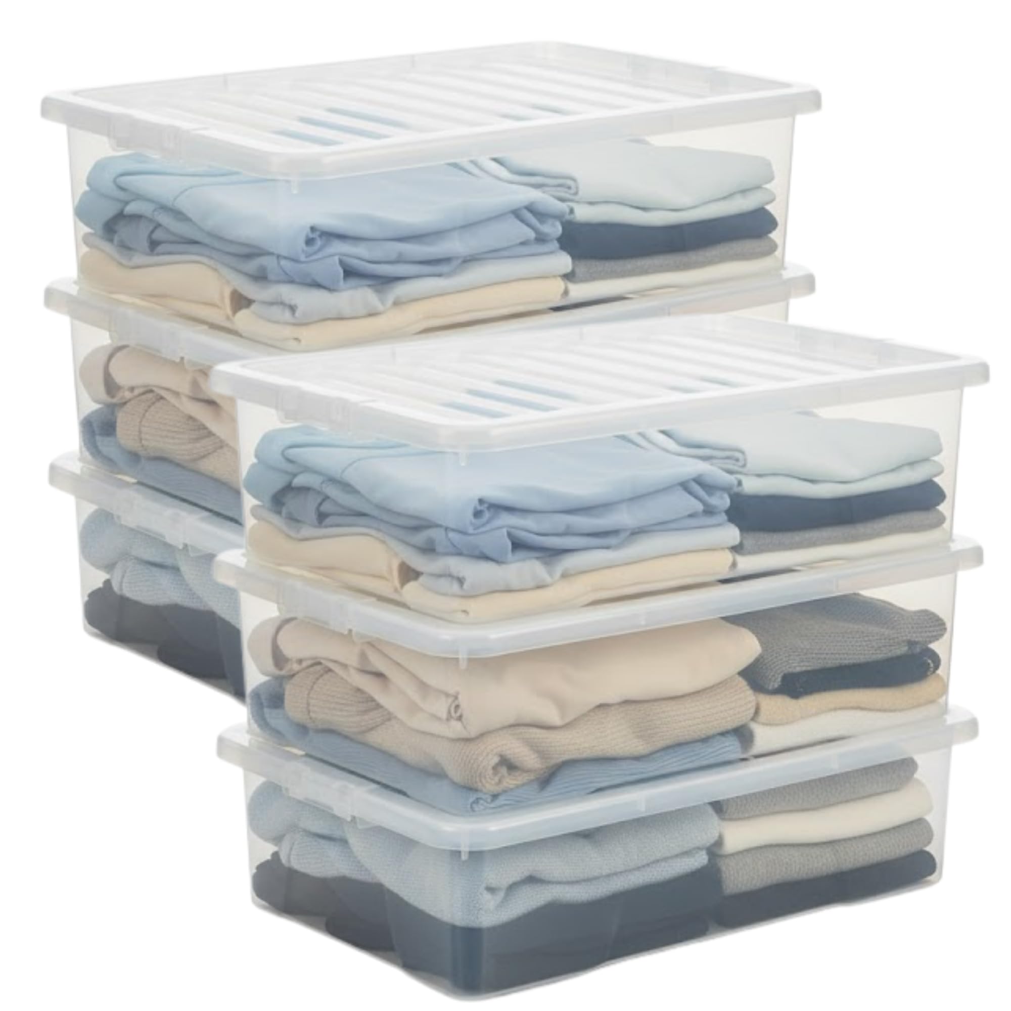 KYY'Z - 32L Under Bed Box with Lid - Clear Plastic Organiser Container - Stackable Storage Solution for Clothes Toys Bedding Multipurpose Bin for Home Office Bedroom Garage - 60 x 40 x 18cm (6)