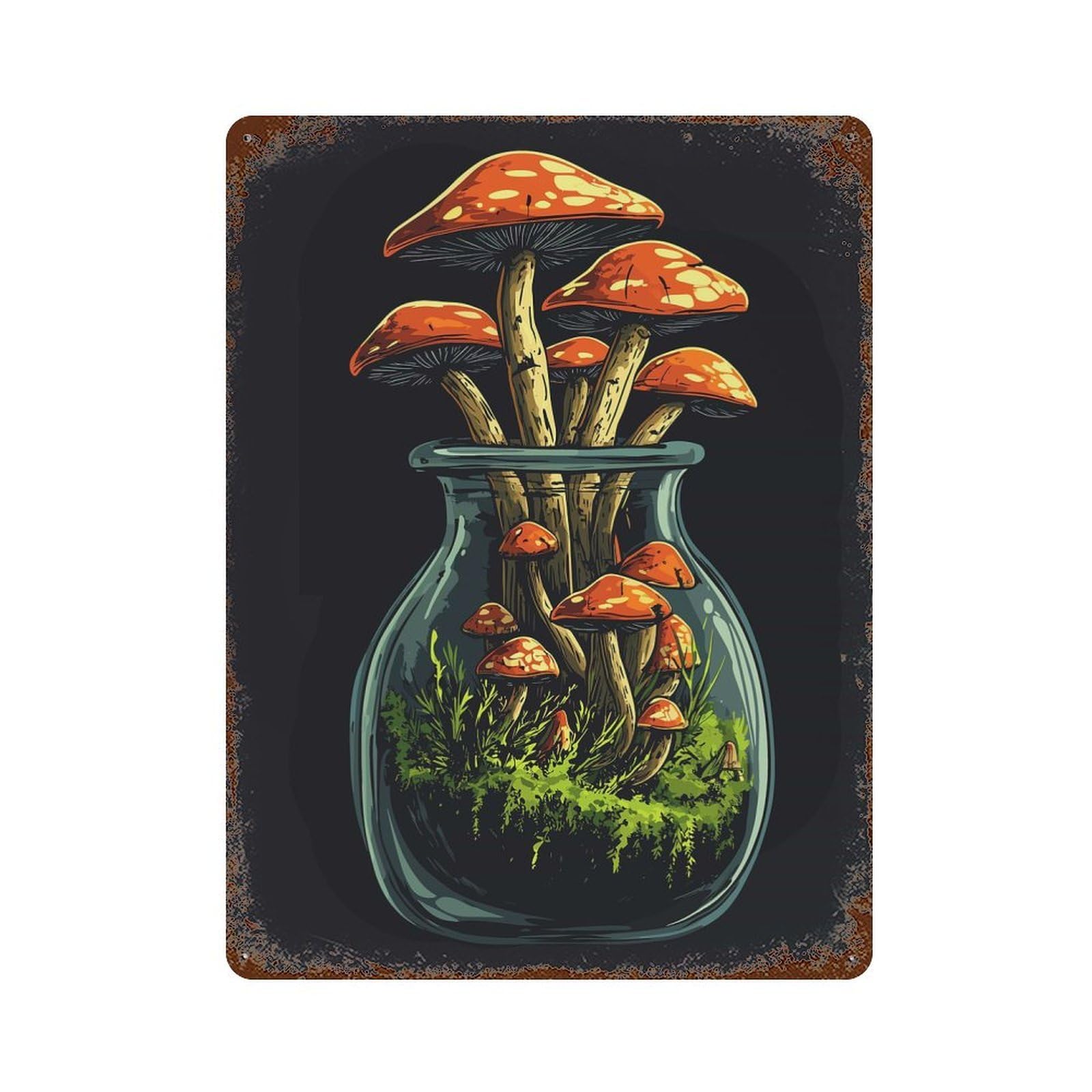 Rust Effect Goblincore - Mushrooms in A Jar Distressed Metal Wall Sign 15.7"x11.8", Decorative Metal Wall Art for Living Room, Hallway And Home Decor