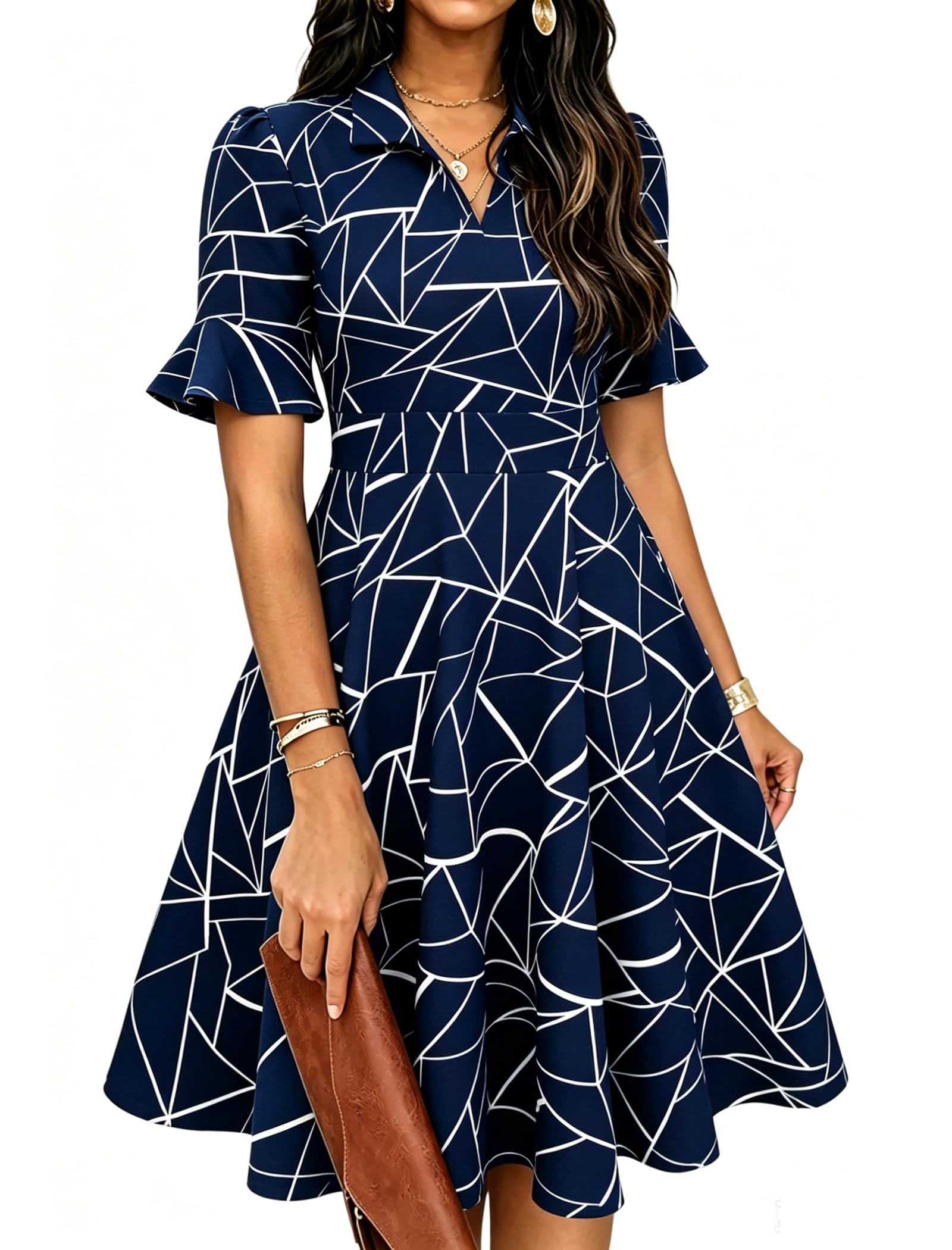Mokayee Womens Summer Ruffle Sleeve Collared V Neck Fit and Flare Elegant A line Swing Dresses with Pockets