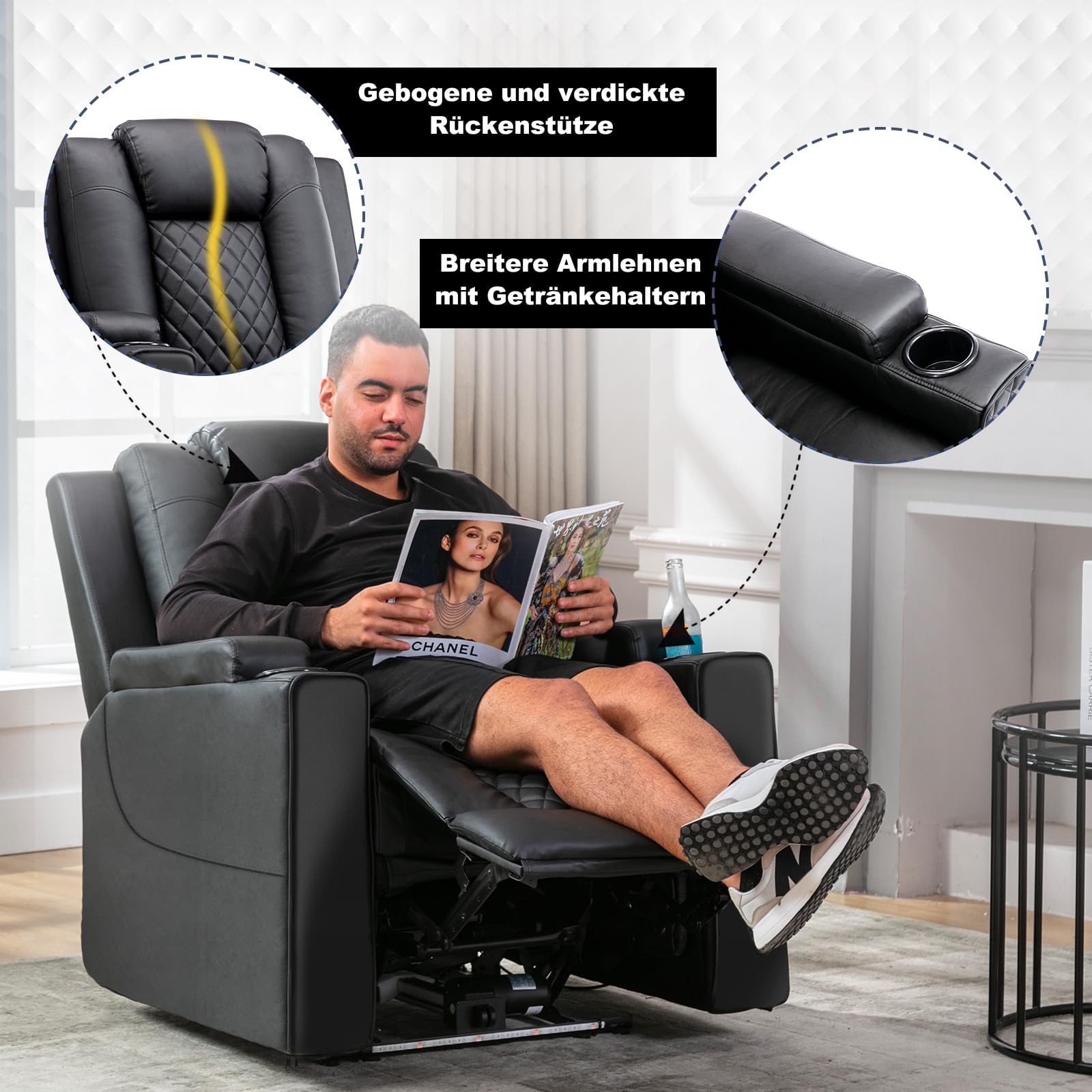 COMHOMA Fernsehsessel Relaxsessel mit Liegefunktion Relaxsessel & -liegen mit LED, Elektrisch Verstellbar TV Sessel bis 150kg mit Massagefunktion Wohnzimmer Schlafzimmer Heimkino Schwarz