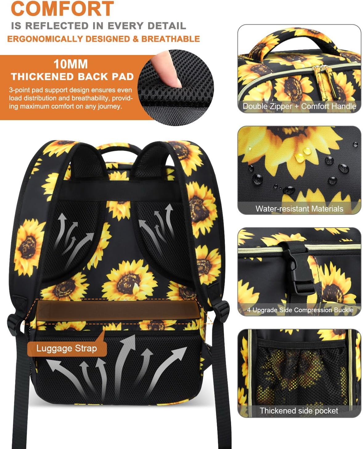 Capolo Travel Backpack for Women Men Waterproof Laptop Backpack Flight Approved Carry On Backpack Overnight Weekender Bag College Bookbag for Business, Work, Traveling Fits 15.6 '' Laptop,Sunflower - Image 5