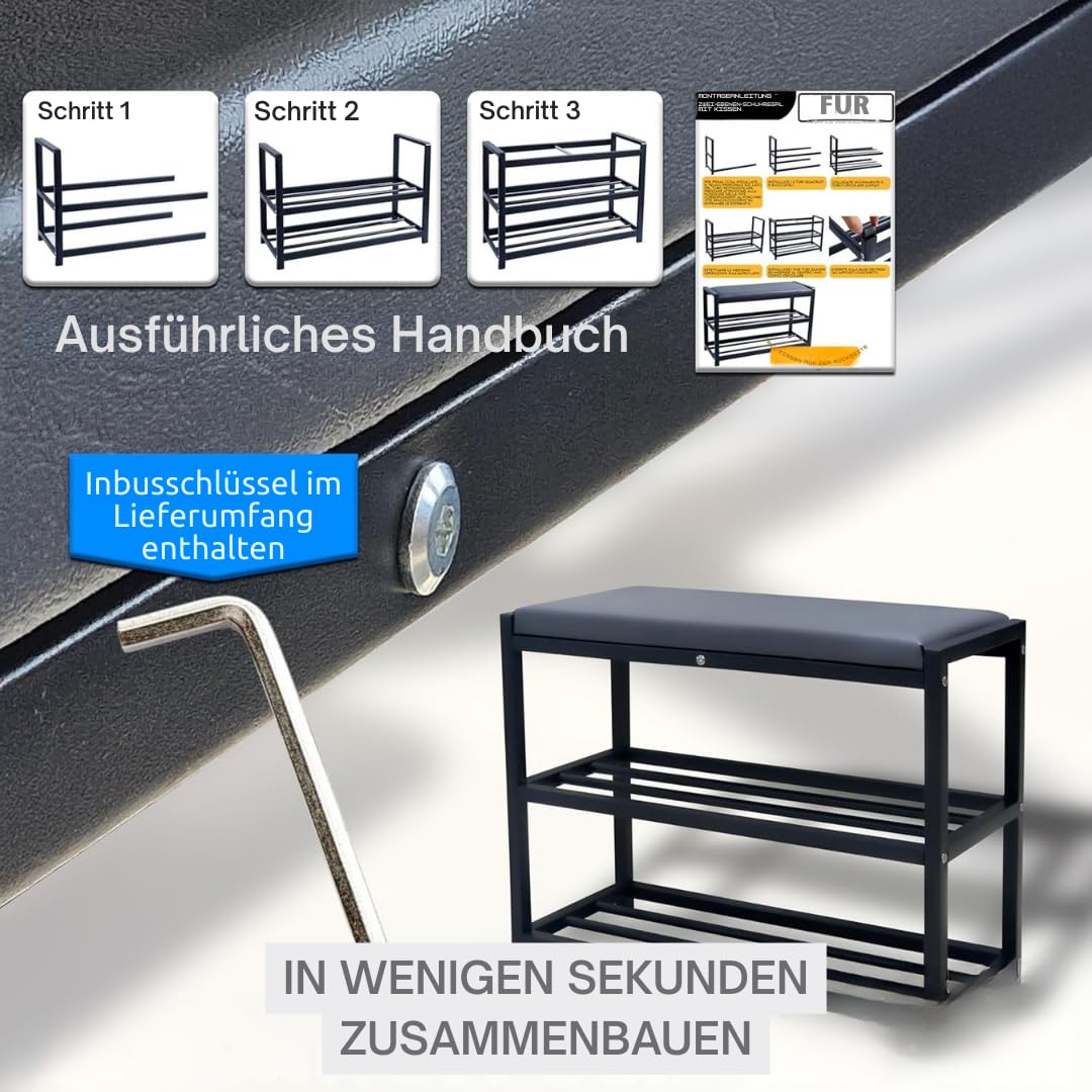 Maka Schuhregal Platzsparend, Schuhregal Mit Sitzbank Metall Schwarz, Shoe Rack Outdoor Wetterfest, Schuhbank mit Sitzfläche, Schuhbank Schwarz (Plus 90 cm)