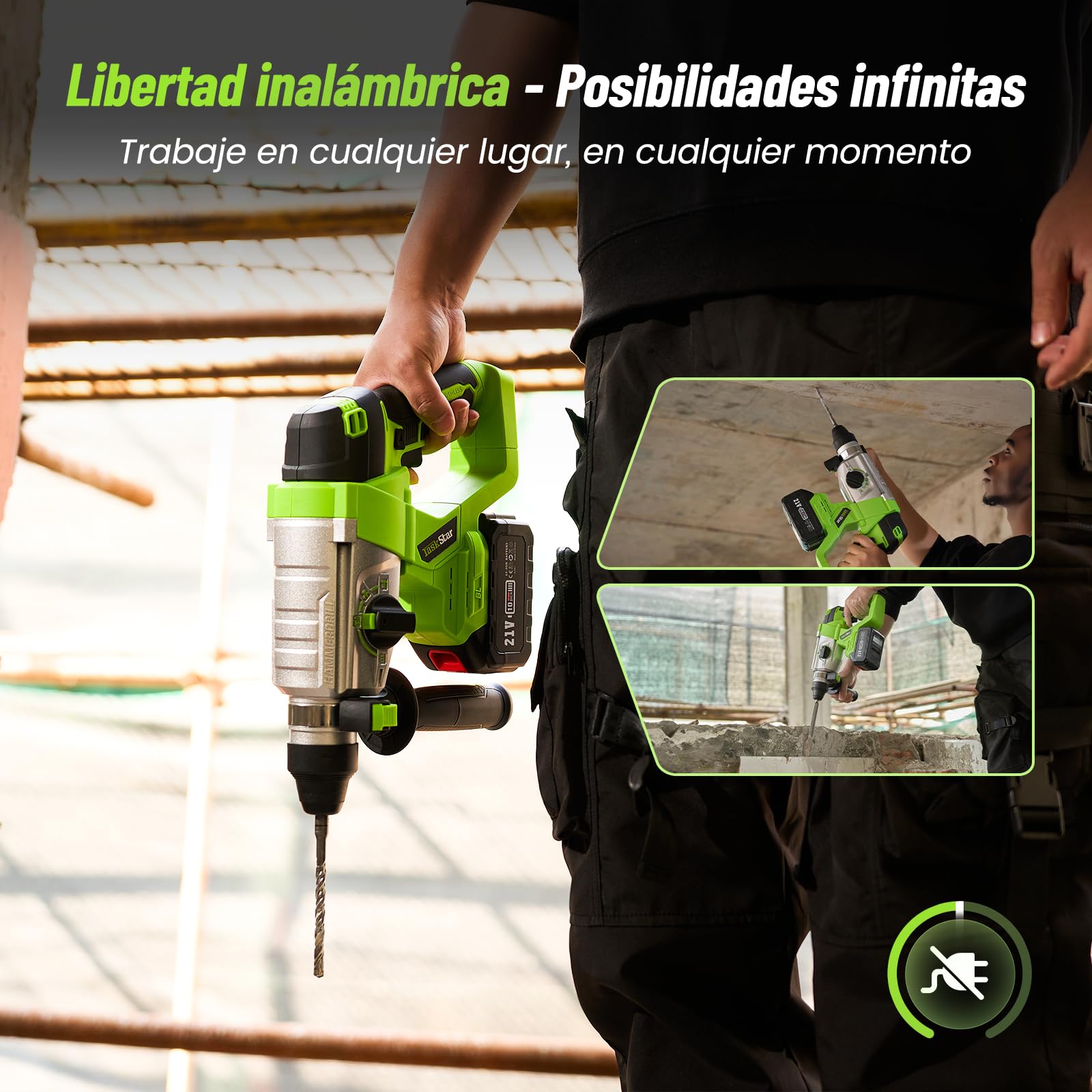 TaskStar 4 en 1 Martillo Perforador Inalámbrico 2.3J, Motor sin Escobillas, con 2 baterías de 4.0Ah 21V y cargador, Multifunción Taladro Percutor Portátil y Eficiente para Proyectos de Bricolaje