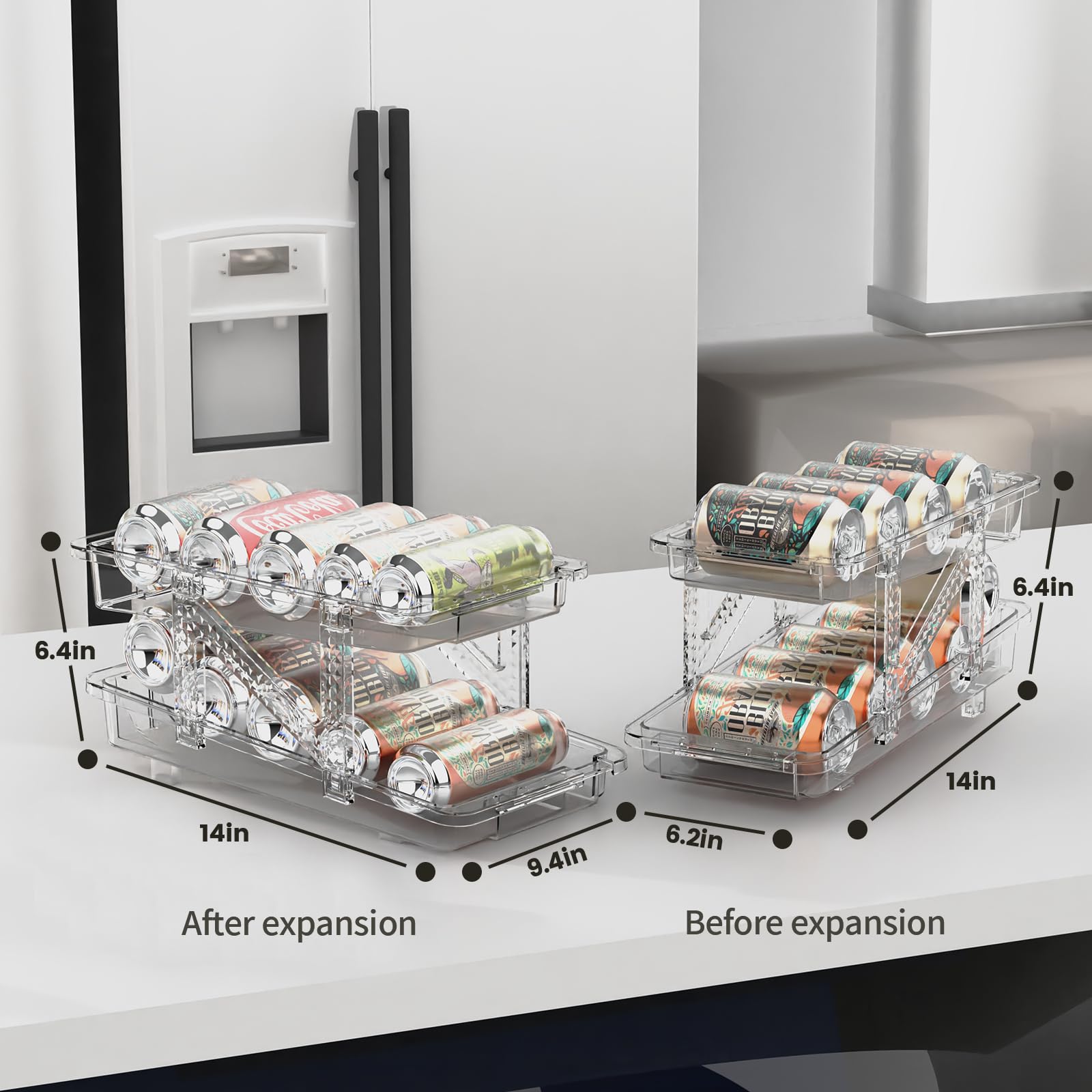 Organizador de bebidas para refrigerador, soporte de soda para refrigerador, dispensador de latas, ancho ajustable, adecuado para armario de almacenamiento y despensa, transparente (paquete 3
