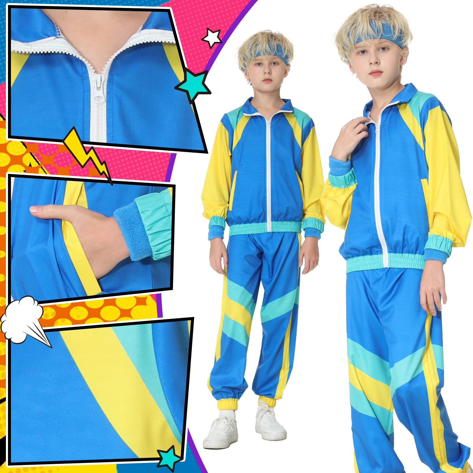 Hislovy 80s Tracksuit for Kids 90s Outfits Boys Girls 6PCS Hip Hop Dance Costume, Colorblock Jacket for Retro Theme Party (Blue, 120) - Image 4