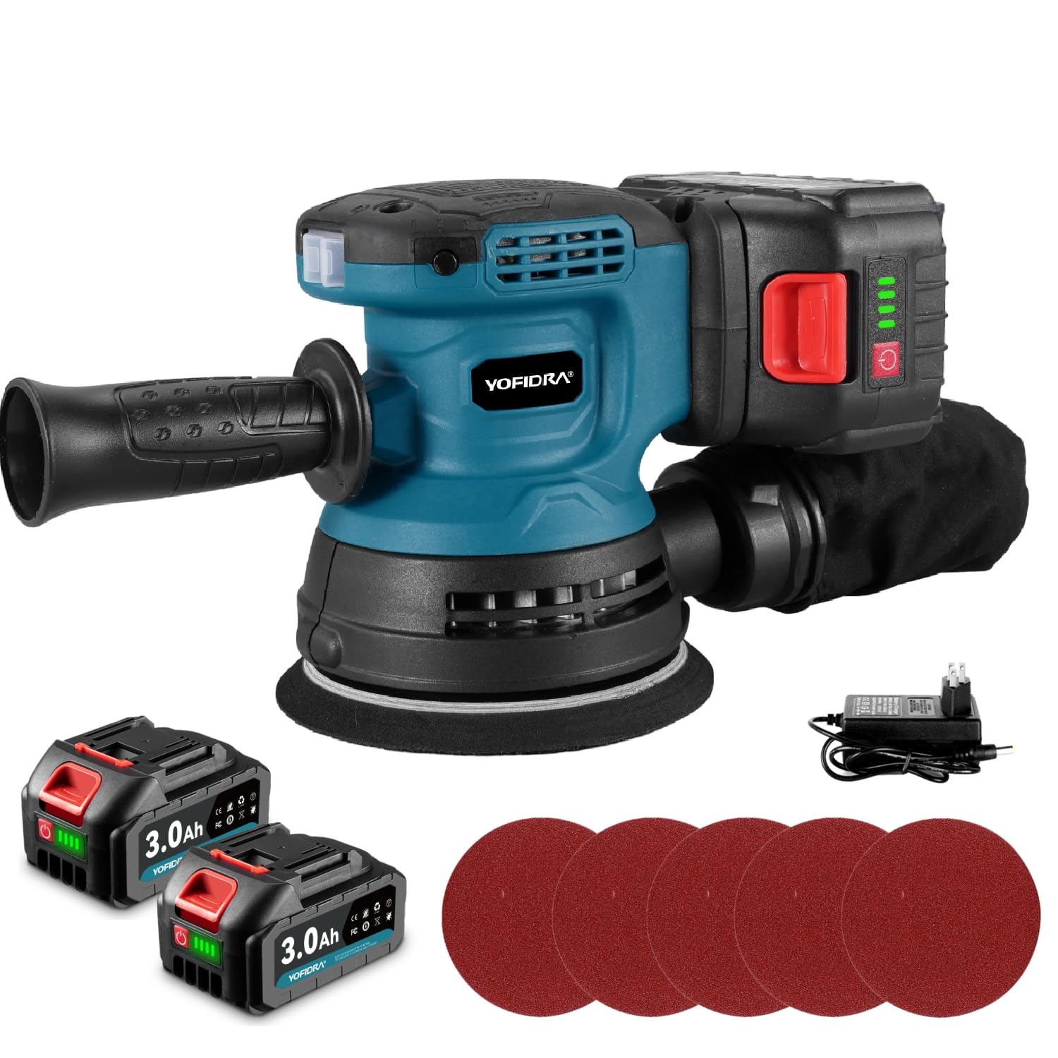 Yofidra Random Orbital Sander, 125mm Cordless Random Orbit 3 Variable Speeds, 12000 OPM, 2PCS 3.0Ah Battery and Charger, with Dust Collection for Wood and Steel