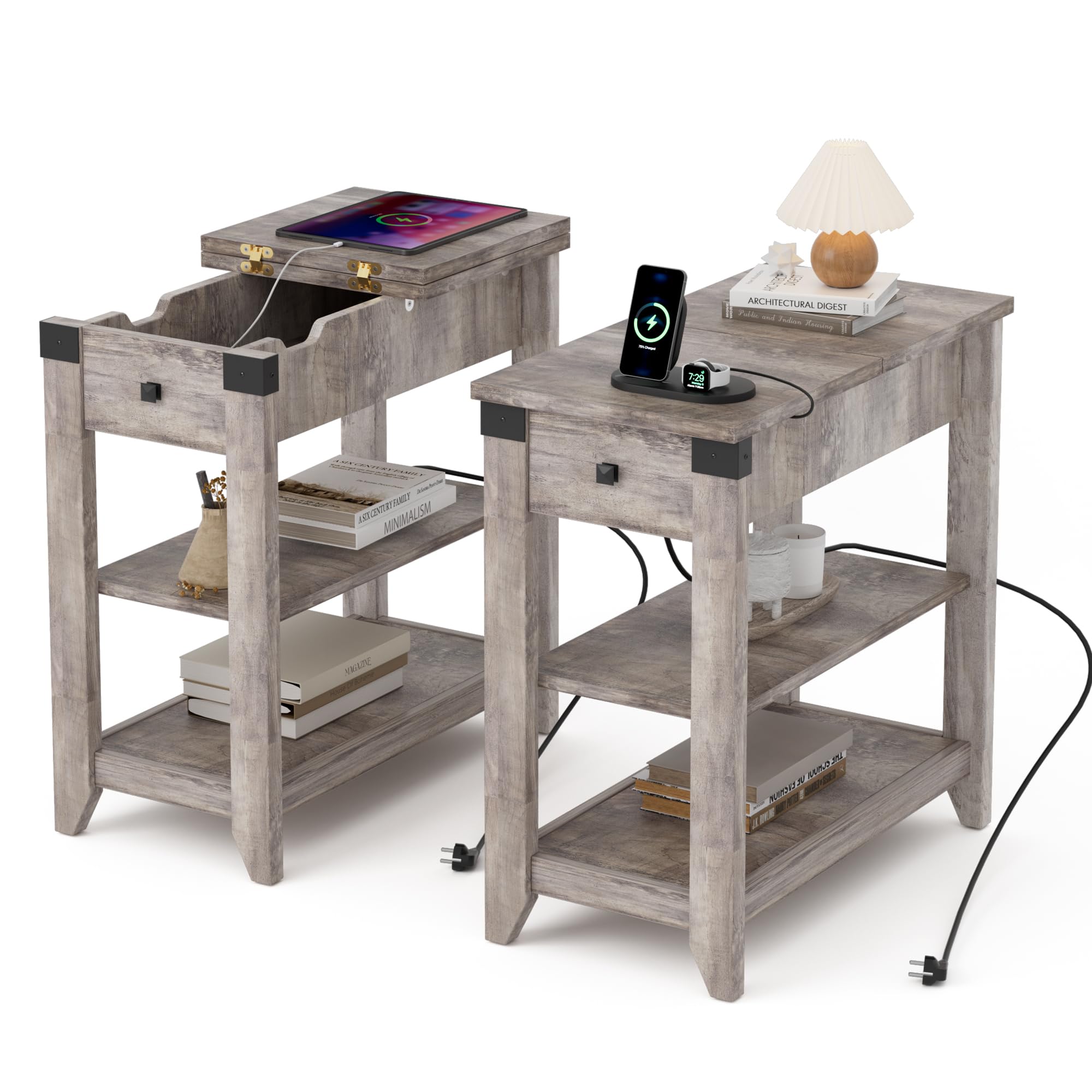 BonVache Set di 2 comodini, tavolino piccolo con funzione di ricarica, tavolino sottile con ripiano, cassetti, comodino per soggiorno, camera da letto, grigio