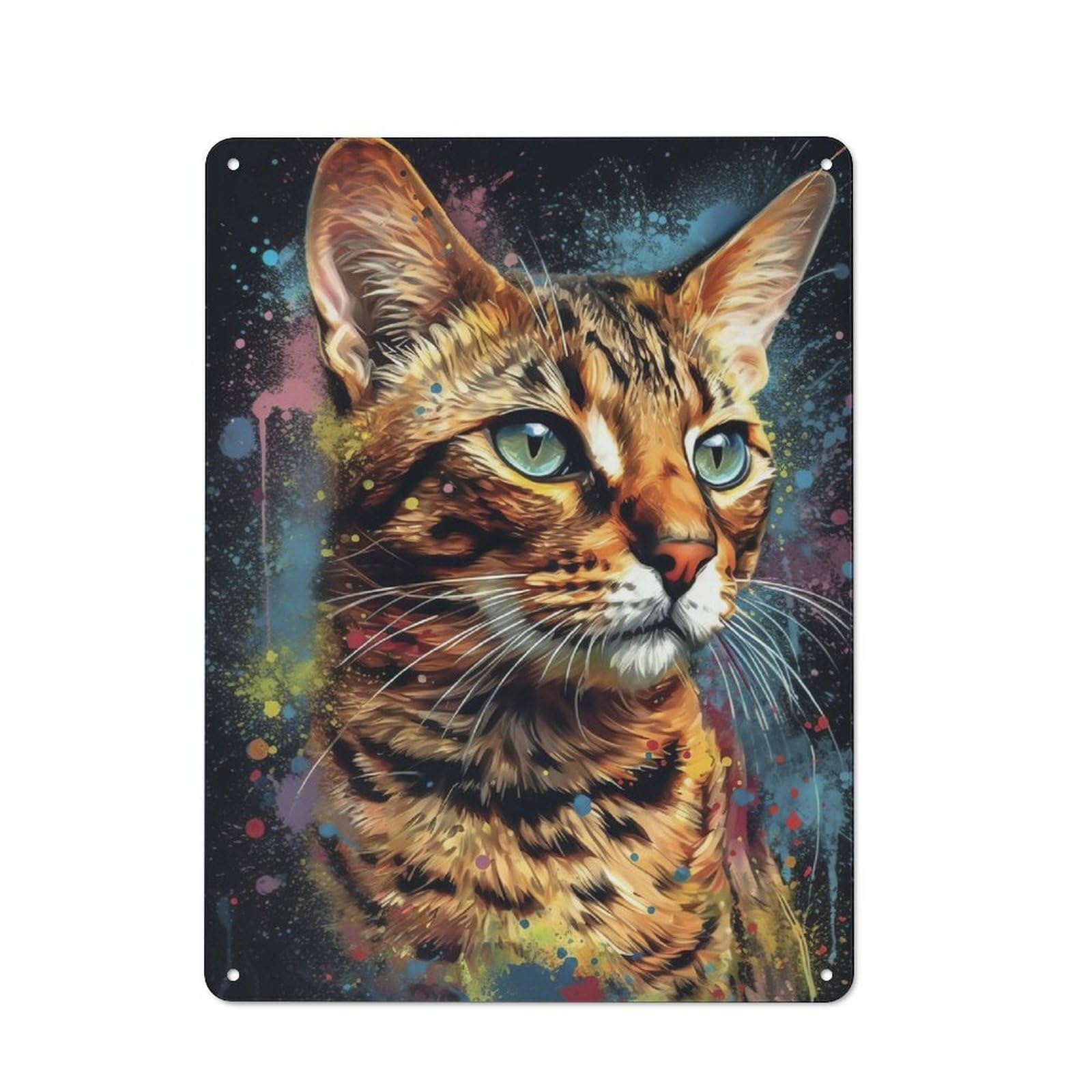 Junmoney Bengal Cat Painting Rustic Tin Wall Plaque 40X30cm For Guest Room Or Hallway, For Garage, Workshop And Man Cave Decoration