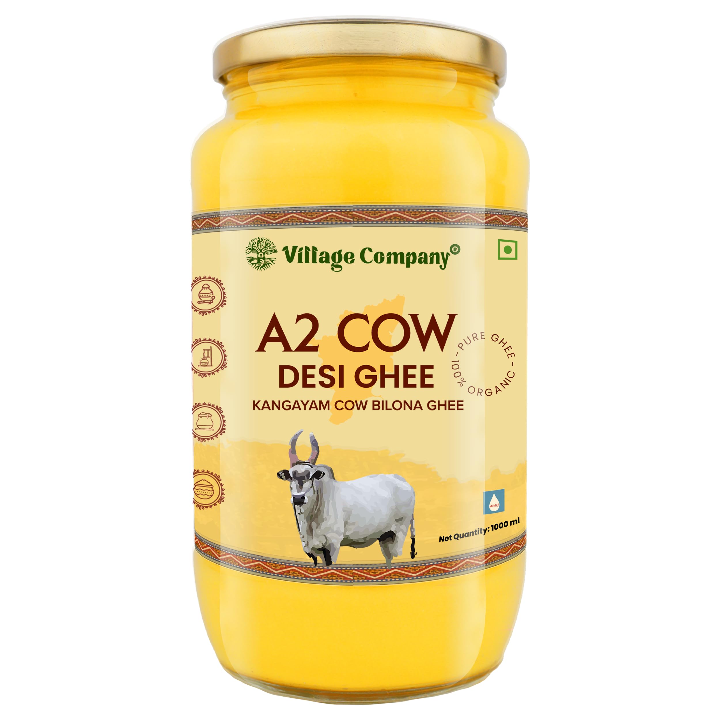 Village Company A2 Bilona Desi Cow Ghee | Bilona Method | Premium, Organic, Traditional | Grass Fed | Kangayam Desi Cow | Lab-Certified | Glass Jar 1L