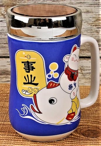 Taza de té de cerámica de porcelana para café con leche Expresso Mocha Green BlackTea Lindo diseño de gato Maneki Neko con tapa, 12 onzas,