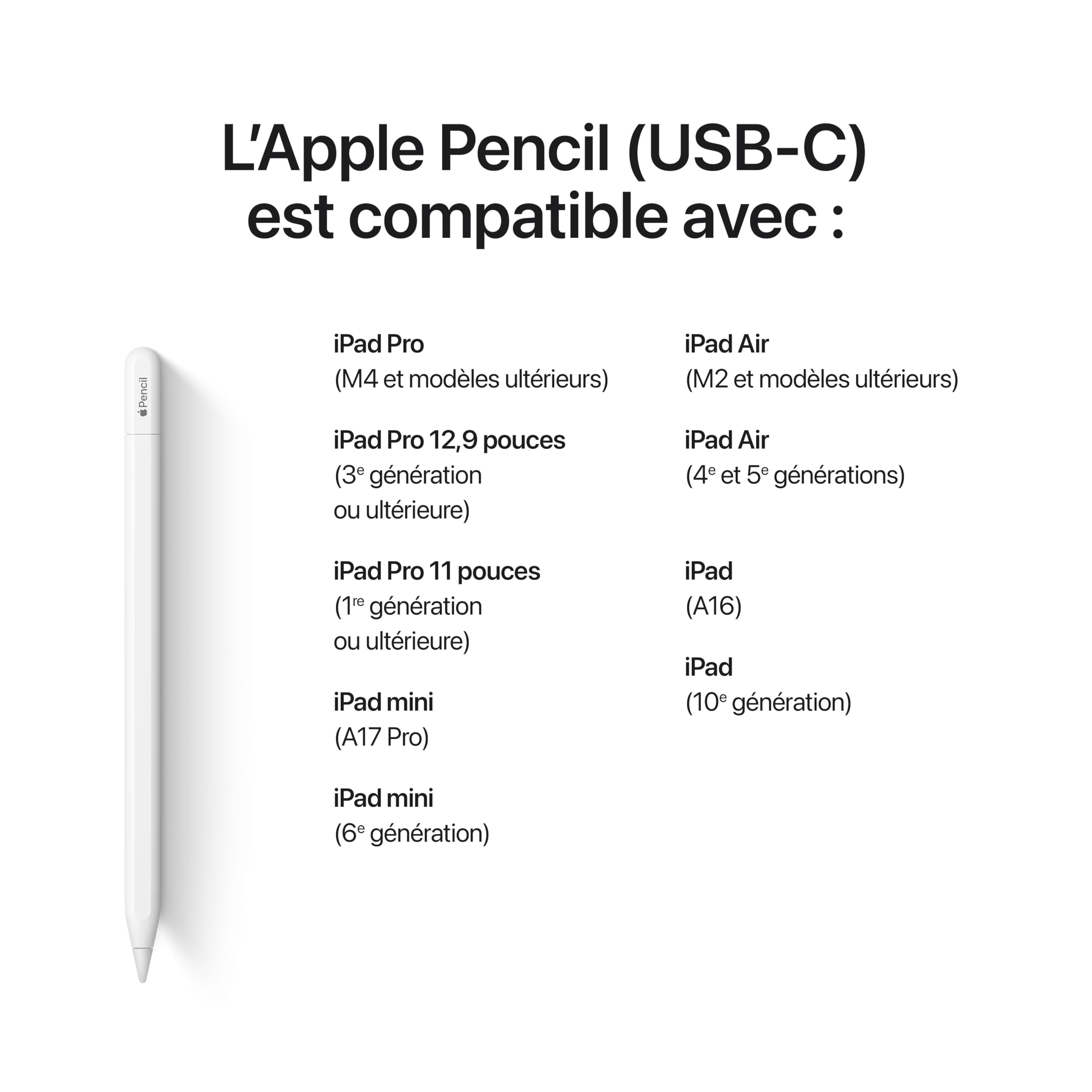 Apple Pencil (USB-C) : Précision au Pixel près, sensibilité à l’Inclinaison et à la Pression et Faible Latence de Pointe pour la Prise de Notes, Le Dessin et la Signature de Documents