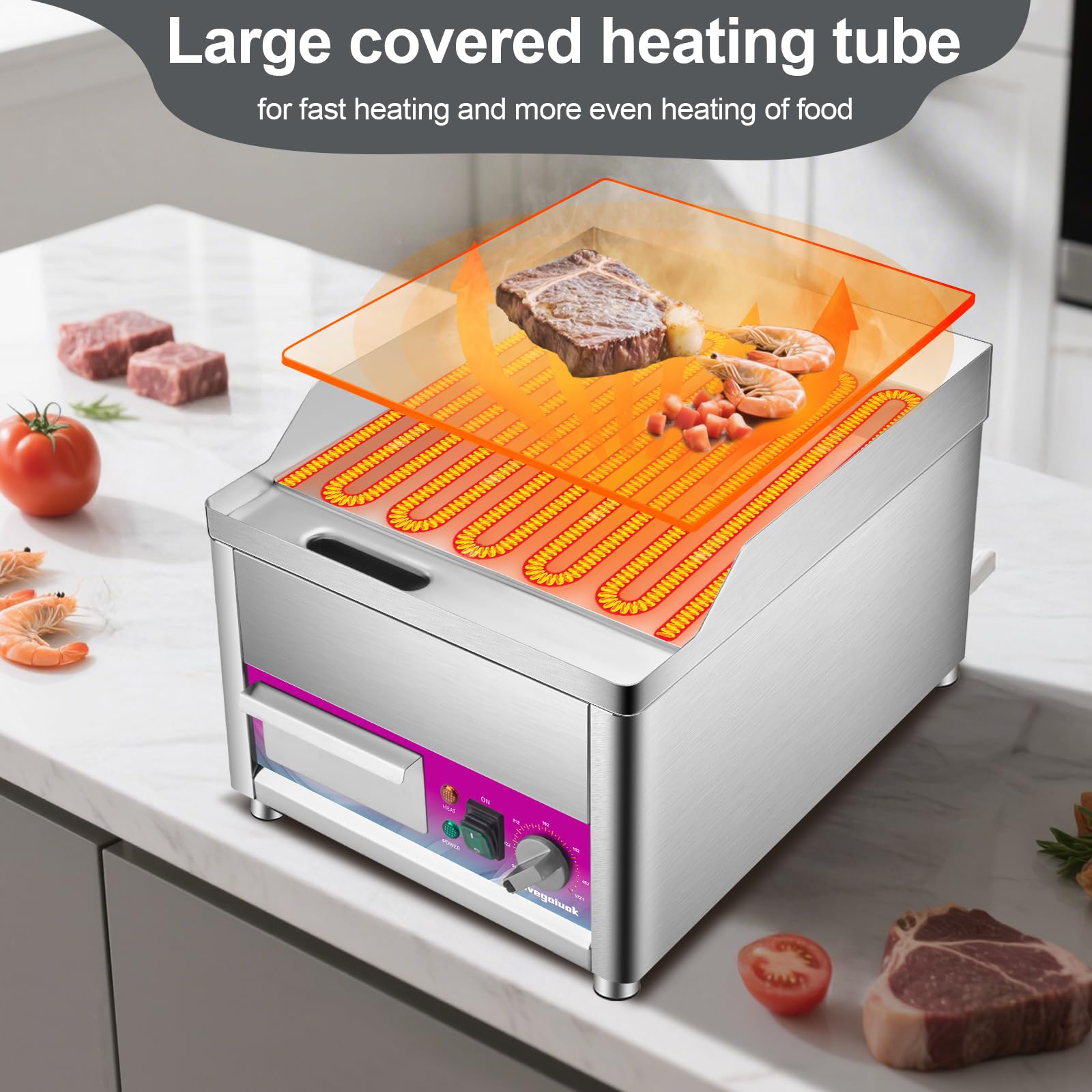 Plancha eléctrica comercial de 14 pulgadas de acero inoxidable para mesa de 1800 W, parrilla de interior eléctrica con parte superior plana sin humo, Parrilla eléctrica para cocinar 4