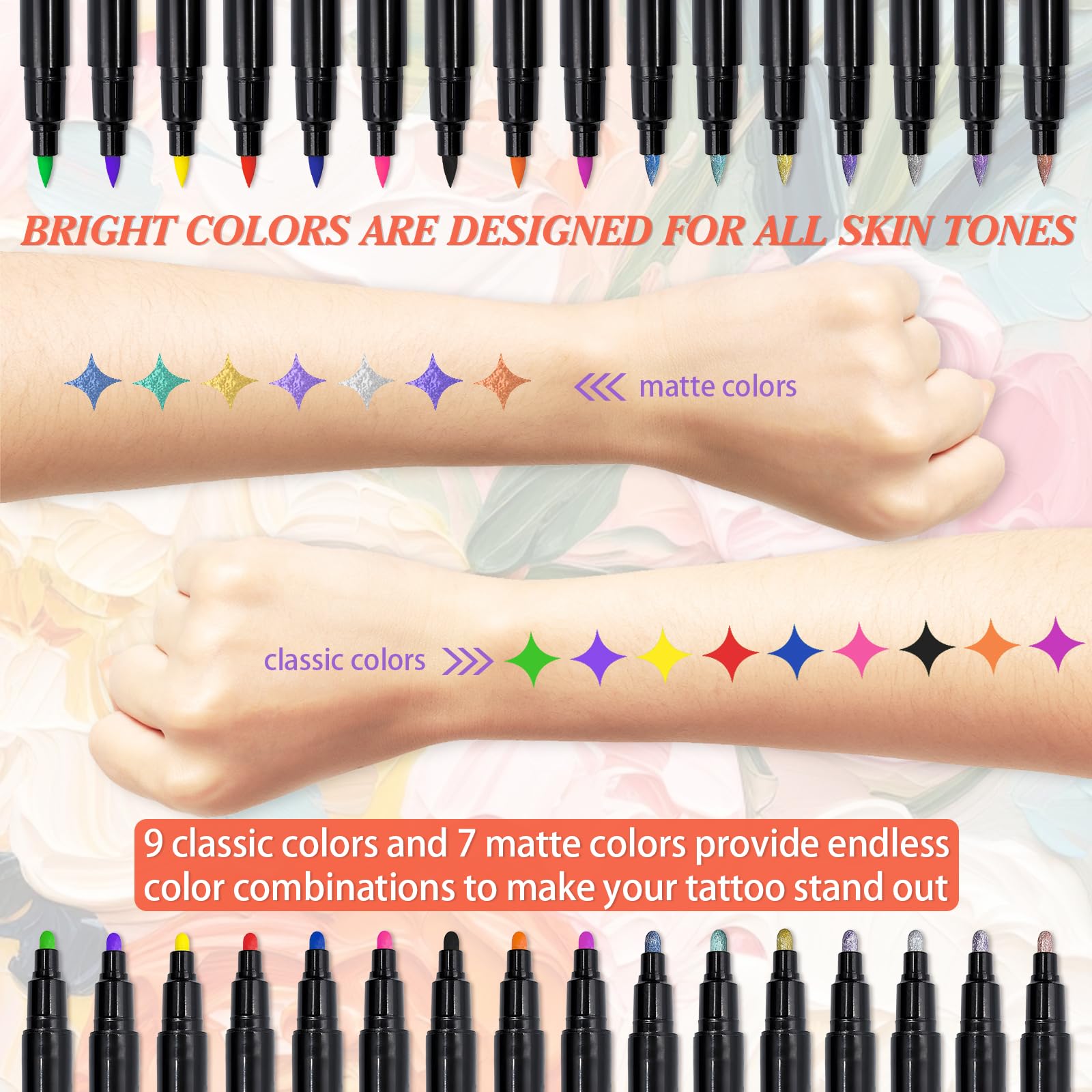 Temporary Tattoos Pens, 16 Dual-Ended Tattoo Pens for Kids(9 Classic + 7 Matte Colors), 100 Tattoo Stencils, Skin-Safe - Image 4
