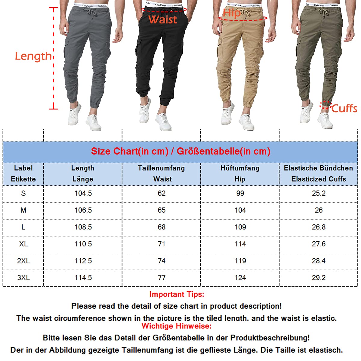 ZOEREA Homme Pantalon Cargo Sport Jogging Pantalons Multi Poches Ceinture Élastique Casual Activewear Long Pants
