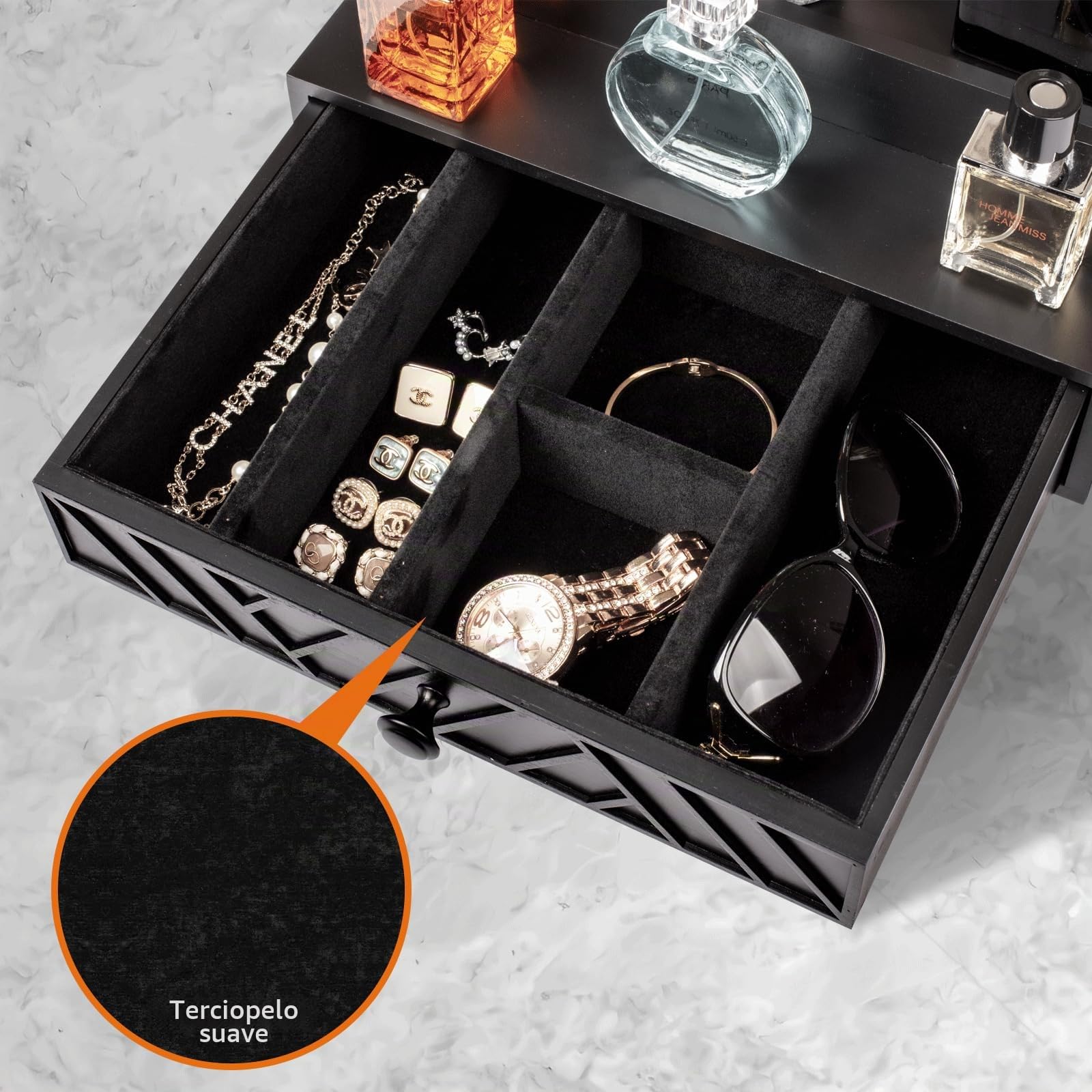 Organizador de Colonia de Madera 5 Niveles con Cajón Oculto | Estante Decorativo para Dormitorio y Baño, Expositor de Perfumes con Diseño Geométrico Moderno