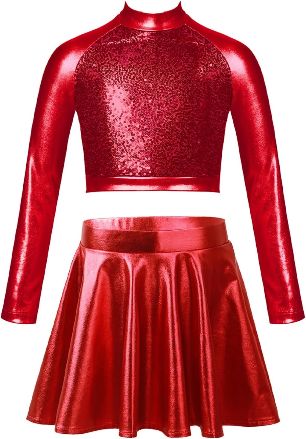 FEESHOW Girls Kids Sequined Metallic Crop Top with Pleated Mini Skirt Ballet Dancing Cheerleading Performance Costumes