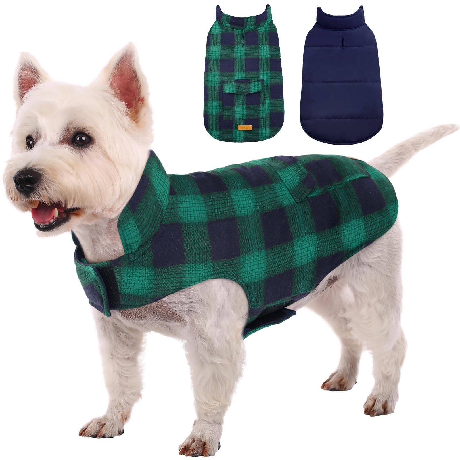 Kuoser Reversible Winter Coat, British Style Jacket for Small Dogs, Warm Windproof Puppy Cold Weather Clothes Vest, Green XS