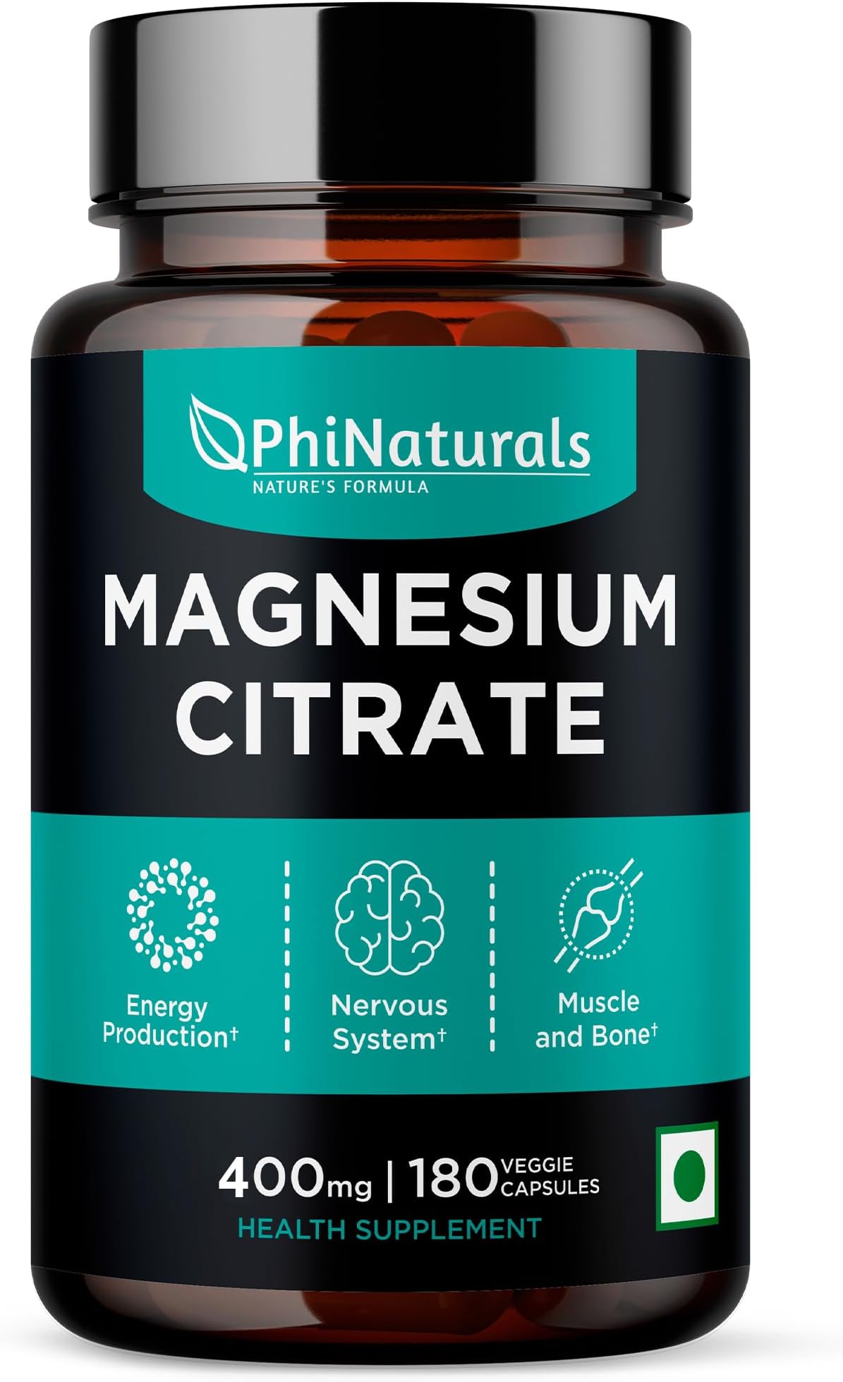 Magnesium Citrate Supplement 400mg - 180 Vegetarian Capsules of 400 mg - PhiNaturals Supplements