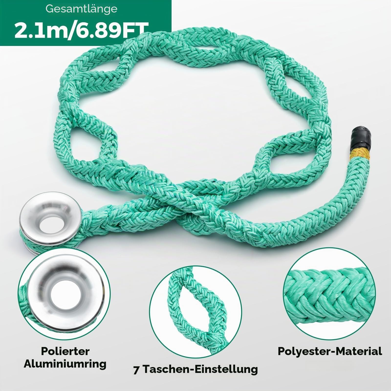 Hebeseil mit Ring für Baumpflegearbeiten, 3,5 cm x 210 cm, 70 kN,Aluminiumring mit 7 Verstelltaschen, robustes grünes Polyester,Reibungsarm Takeling-Ringschlingenseil für Baumarbeiten,Kronenanker