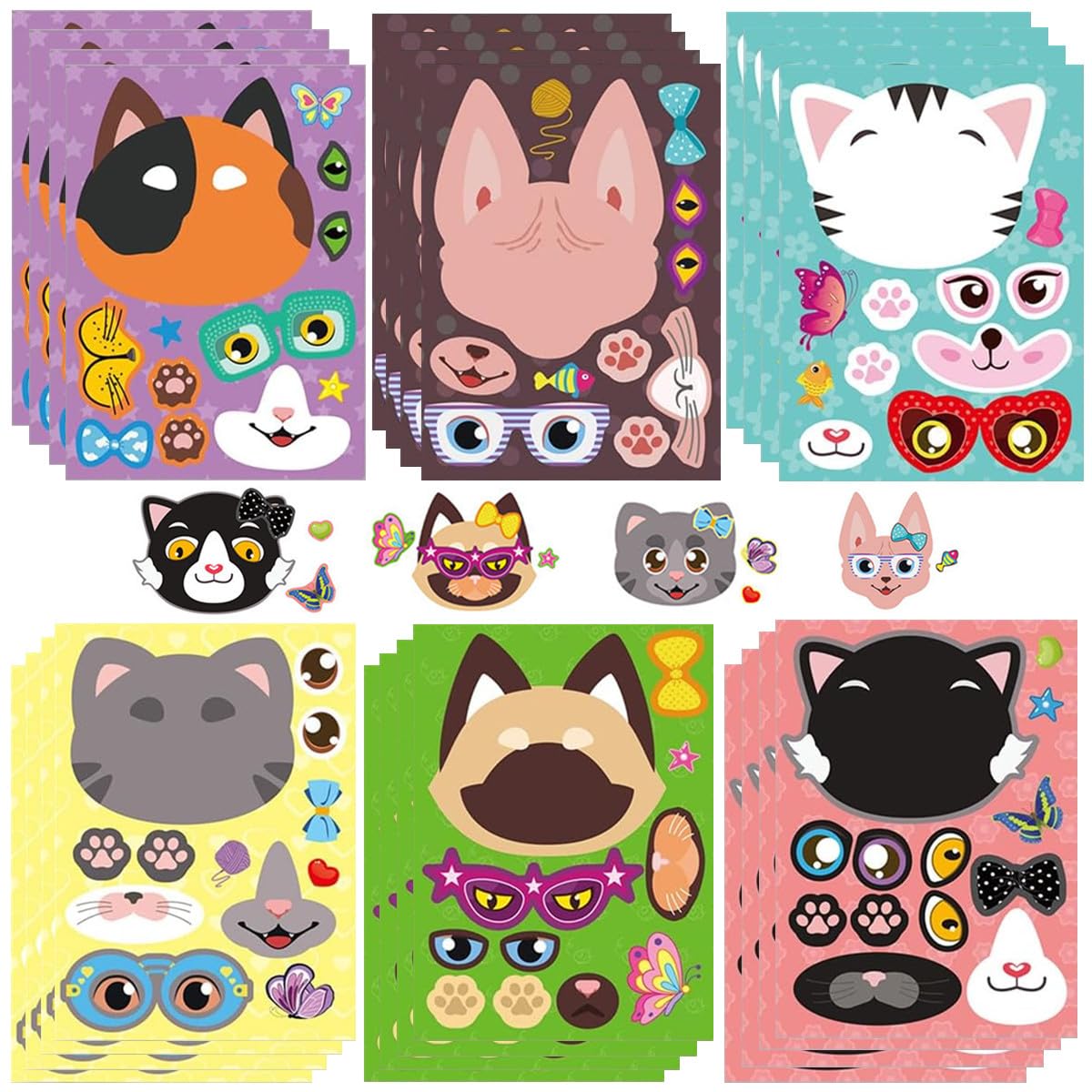 SamHeng 24 Sheets Cat Make A Face Stickers for Kids, DIY Make an Animal Face Sticker for Party Favor, Cute Kitten Make Your Own Face Match Stickers for Children Crafts Wall Room Decoration Reward (B)