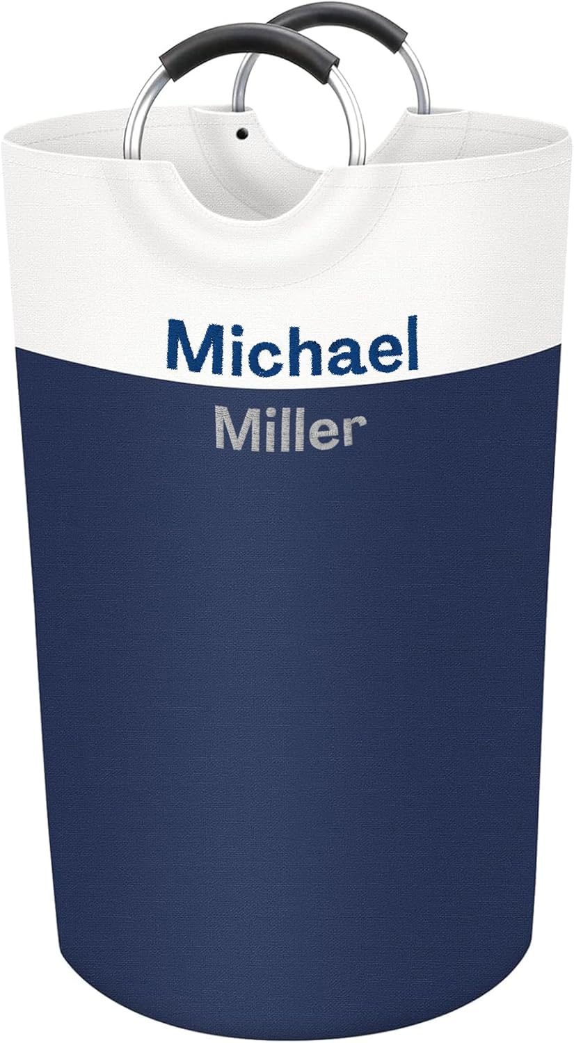 Personalized Laundry Basket, Embroidered Travel Laundry Hamper, Collapsible Laundry Baskets for College Dorm, Dirty Clothes Hamper, Waterproof Extra Large Laundry Bag with Handles with Name 90L-Navy