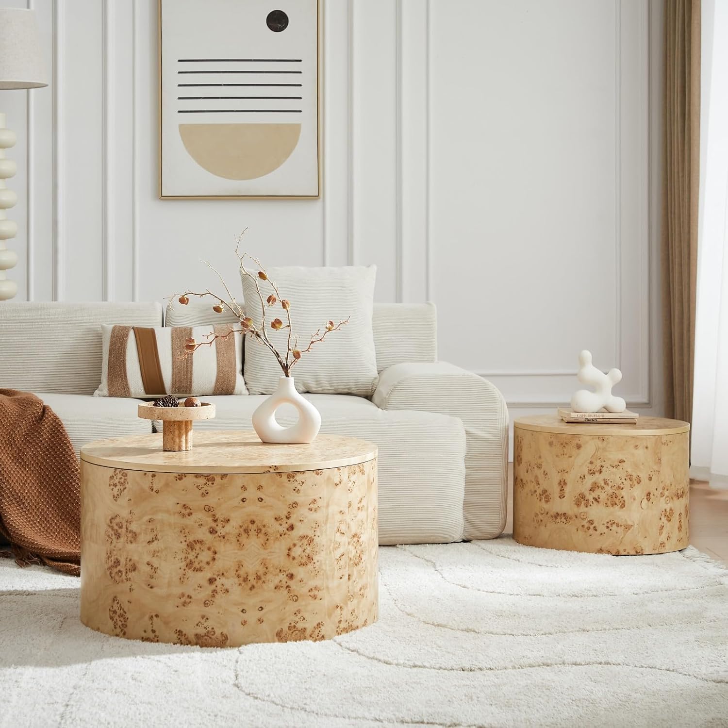 Nesting Tables Coffee Table Set of 2 Round Modern Wood Circle Accent Mid Century Wooden Side End Table with Storage Function for Small Space Living Room Office Burl 2 pcs No Assembly