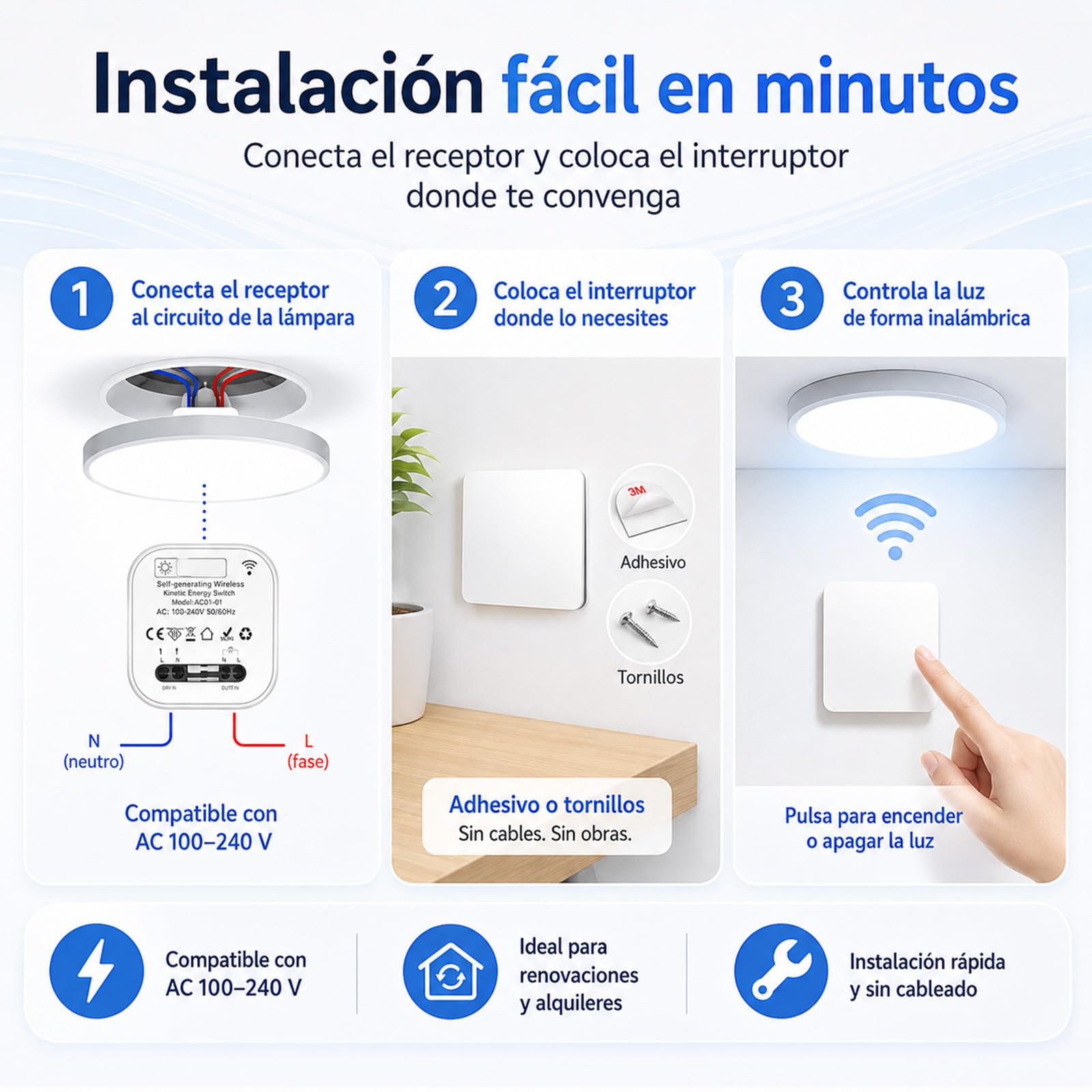 Interruptor inalámbrico Kinelux, kit con receptor sin pilas (Blanco, 2 teclas)
