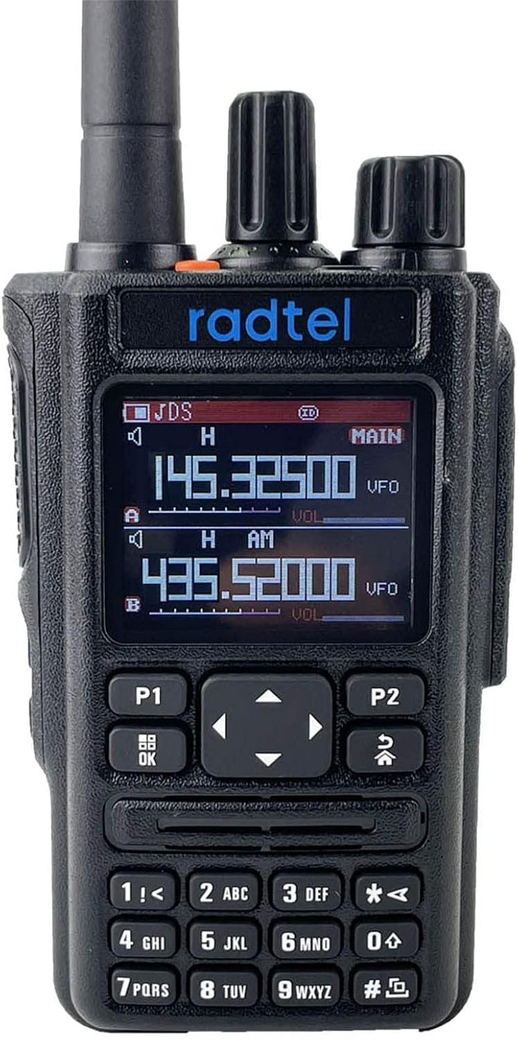 Front view of the Radtel RT-490 amateur radio with its display showing frequencies and controls.
