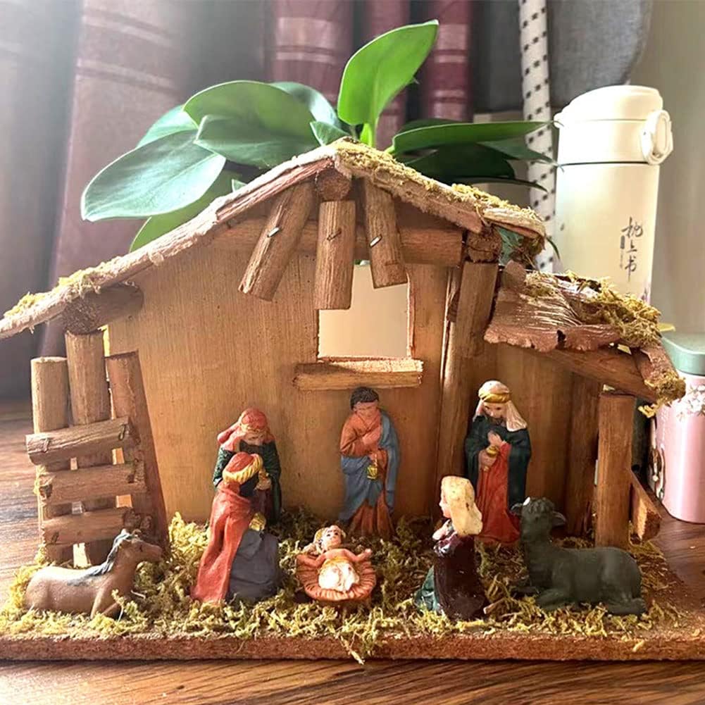 Mini Nativity Scene Figurine Set Holy Family Scene Resin Nativity Figurine Set Hand Made Miniature Figurines Holiday Stable Tabletop Decor Xmas Gift for Home Christmas Decoration 11 Piece(B)