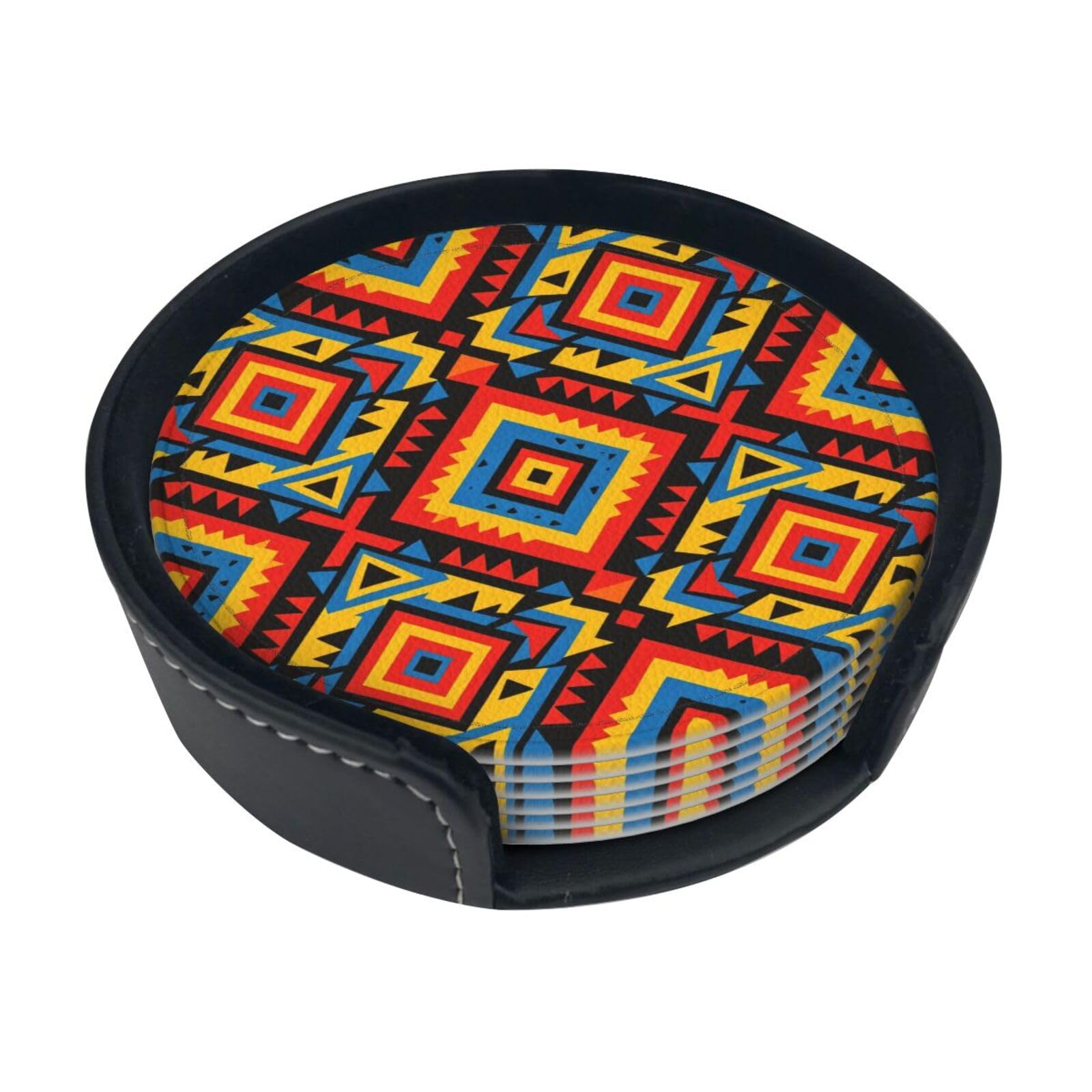 Cntdbu White Boho Geometric Print Leather Coasters Set Of 6-Pu Leather Drink Mats For Table, Heat Resistant Round Coasters With Holder