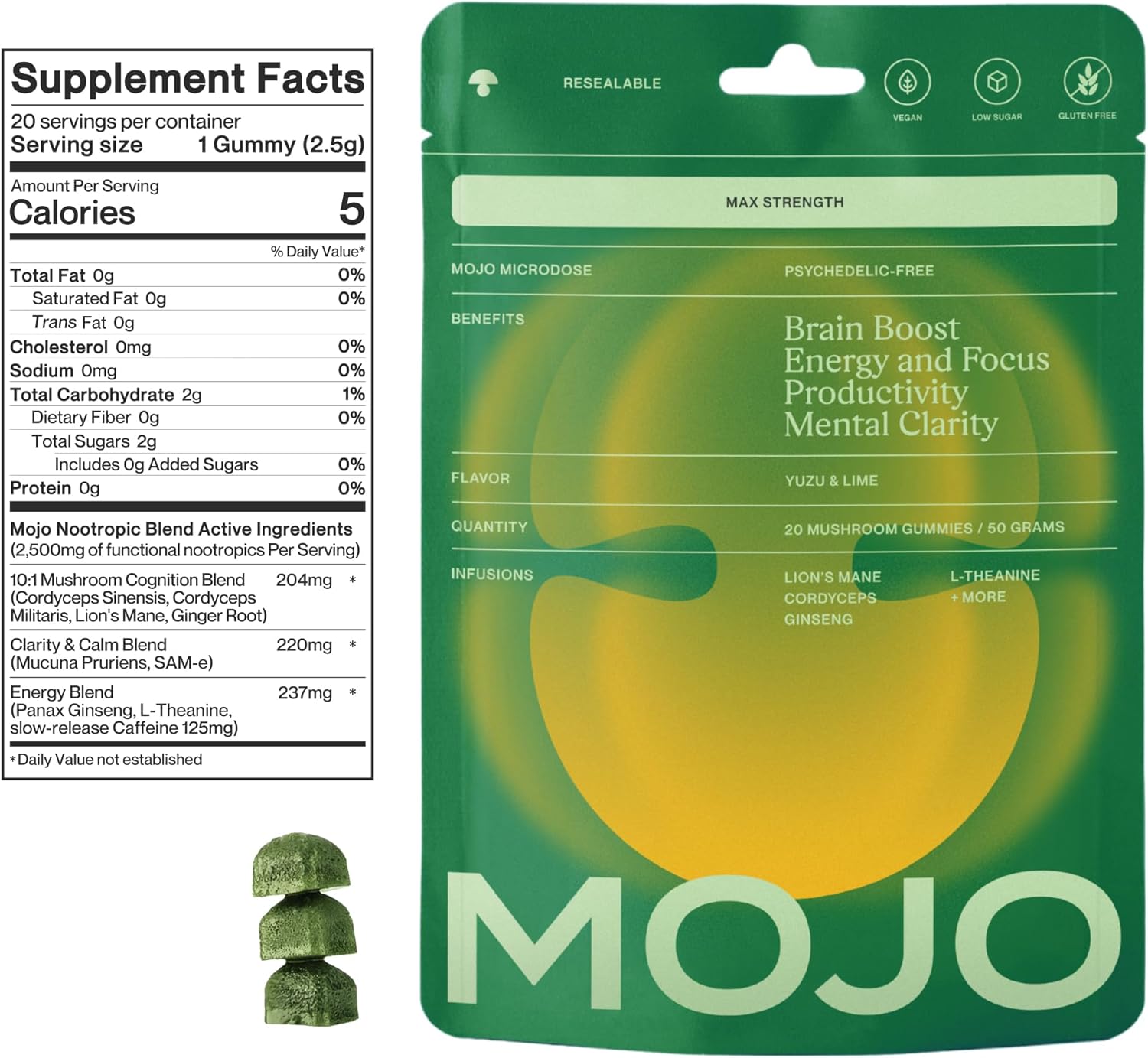 Mojo Extra Strength Focus Gummies with Lion’s Mane, Cordyceps, Ginseng & L-Theanine - Mushroom Gummies Brain Supplement for Adults, Memory/Energy Support, Focus Fuel, Yuzu Lime (2 Pack)