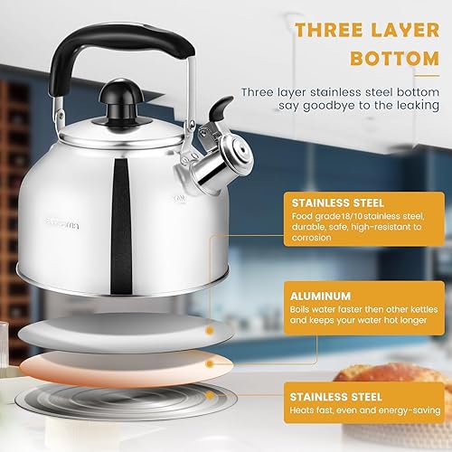 Miniatura 5 de AMFOCUS Tetera de té con silbido, 2.64 cuartos de galón de acero inoxidable de grado alimenticio con mango plegable de agarre fresco, caldera de