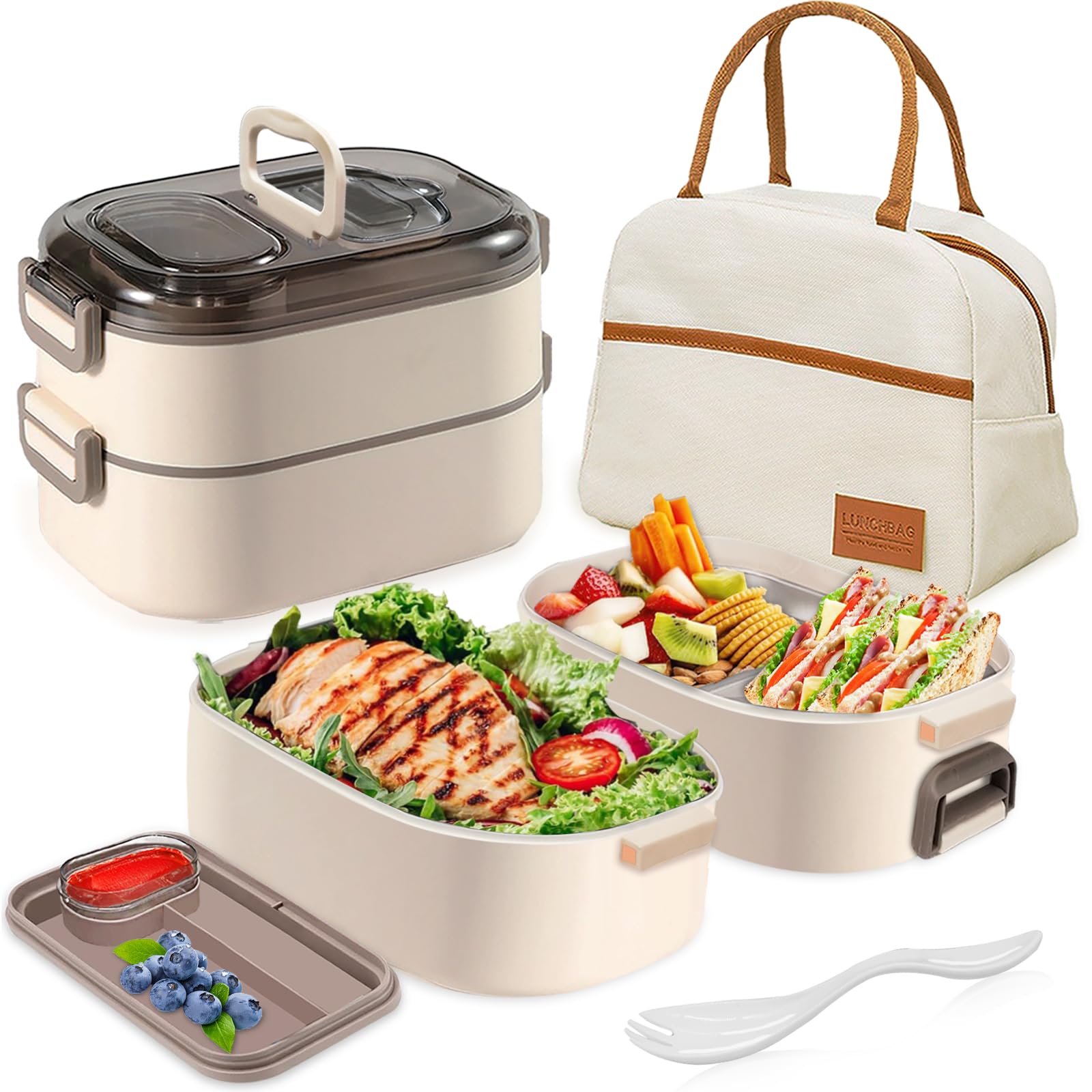 Pomefar Lunch Box for Adults - Stainless Steel Bento Box with Insulated Lunch Bag & Built-in Spork, Leakproof Lunch Box Set (700ml+400ml) for Office, Camping,Back to School, Square-Shaped Beige