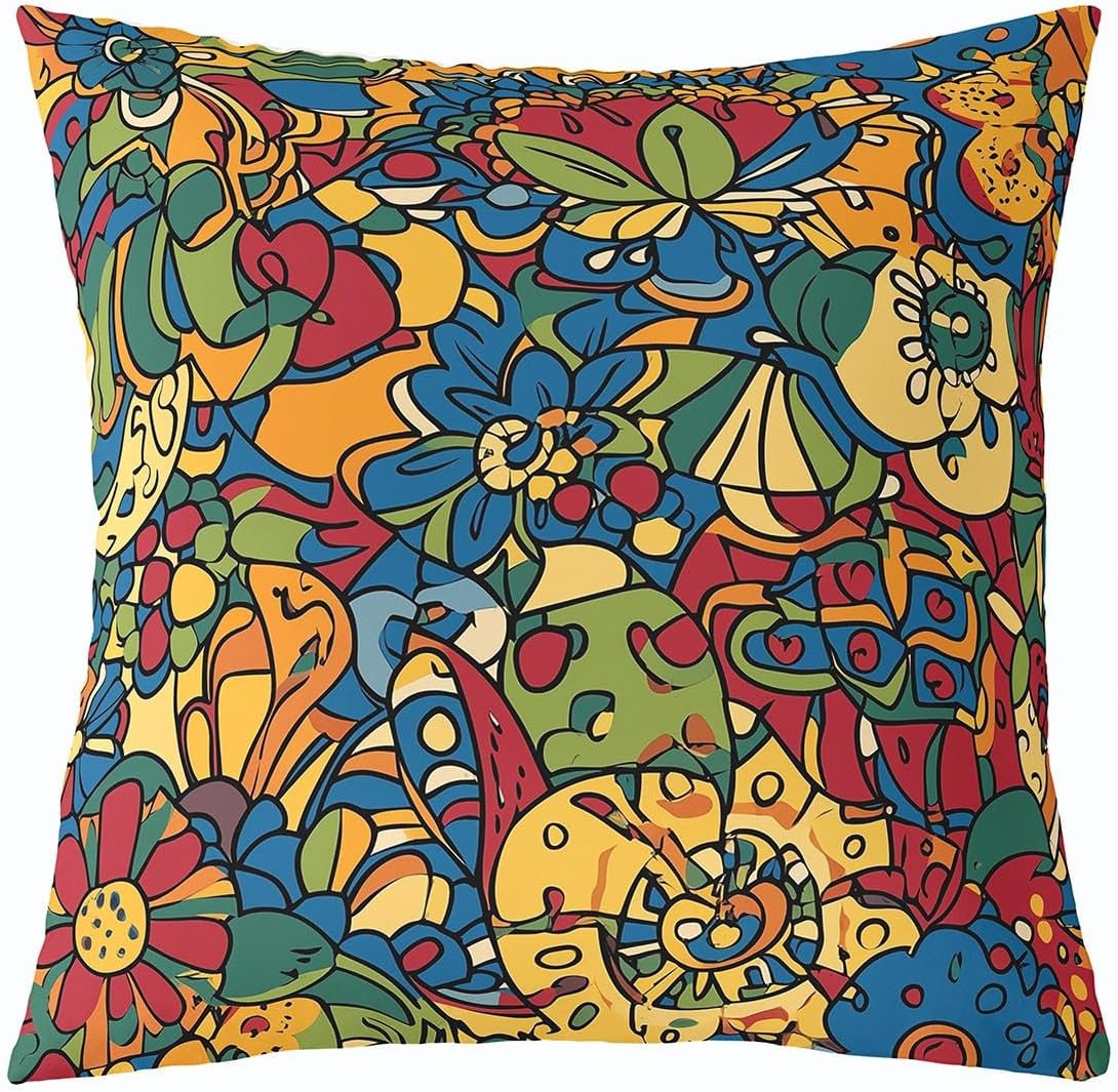 Abstract Throw Pillow Cover 24x24, Green Blue Yellow Pillow Cover, Boho Botanical Geometric Abstract Cushion Cover, Tribal Ethnic Bright-Coloured Floral Decorative Square Pillow Case