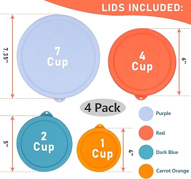 1 Cup 2 Cup 4 Cup 7 Cup Round Silicone Replacement Lids for Pyrex Glass Bowls, 4 Pack, Microwave & Dishwasher & Freezer Safe (Container not Included)