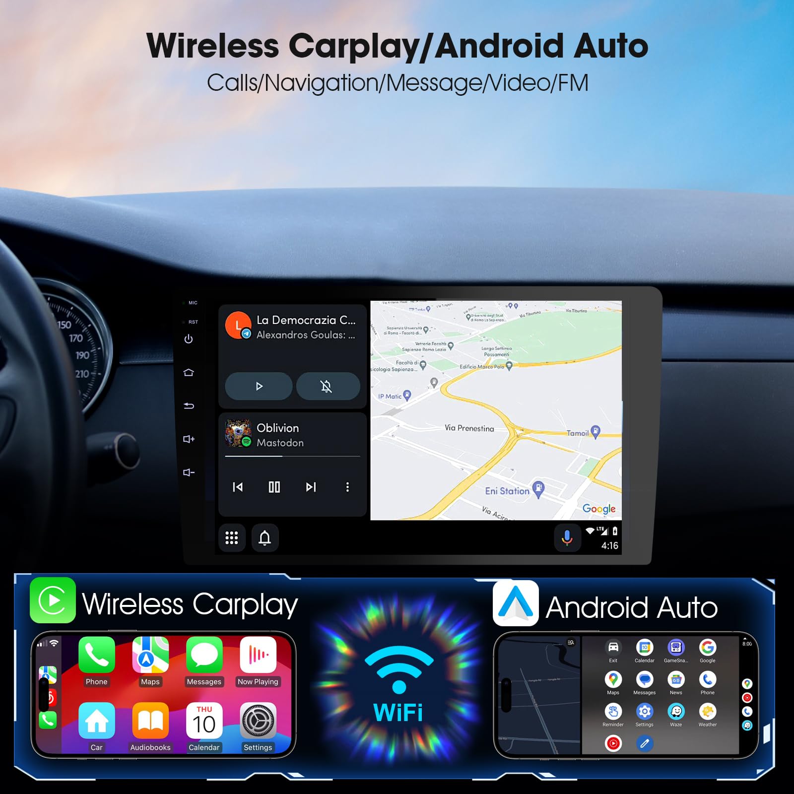 Haudio 9 pollici Autoradio 2 DIN Bluetooth con CarPlay wireless & Android Auto,con Telecamera Posteriore,Bluetooth,AUX,Navigazione GPS,Mirroring,FM/AM,Lettore Musicale (2+64GB)