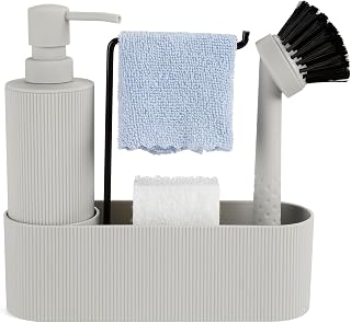 GAHEFY Seifen und Spülmittelspender Set für Küchen mit Seifenspender Spülbürste Schwamm Spültuchhalter, Badezimmer Seifenspender Set für Bad, Küchen Organizer Spüle Schmal (Beige)