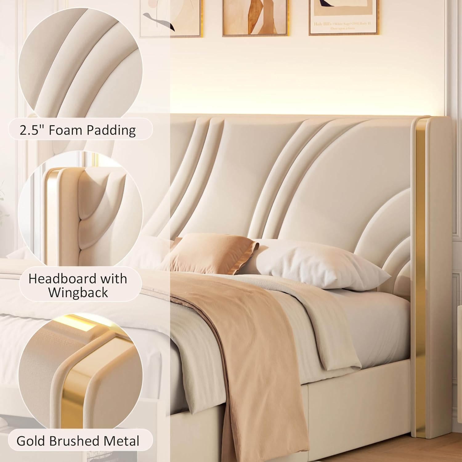 Full Size Bed Frame with Led Lights, Upholstered Platform Bed with Wingback Headboard, 2 Storage Drawers and Wooden Slats Support, No Box Spring Needed, Beige