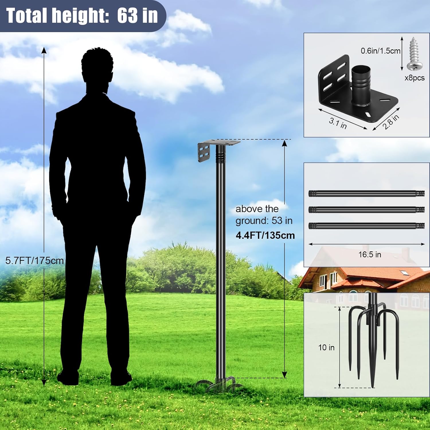 gtongoko smart bird feeder pole 1-inch dia 63 inch bluebird house pole for outdoors weather station heavy duty metal mounting kit adjustable bird feeder stand black 63'' pole