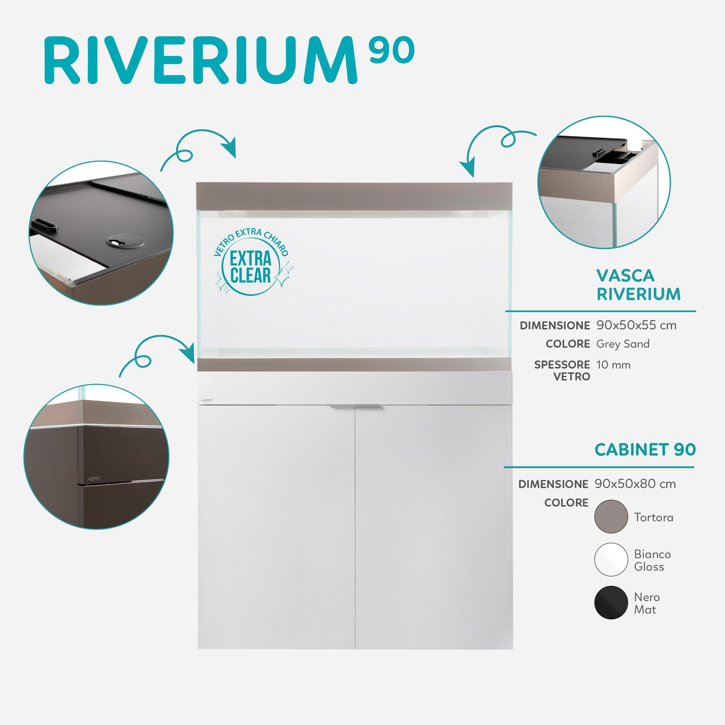 AQPET RIVERIUM Acquario Completo 240L con Mobile in Legno, Vetro Extrachiaro 10 mm, Filtro Esterno HALO 300, LED RGB BRIGHT 900R, Riscaldatore 200W, Acqua Dolce e Marina (Bianco)