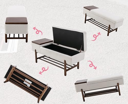 Miniatura 4 de Banco de entrada moderno tapizado con tapa abatible, banco otomano de sherpa, banco otomano con marco de maderaestante para sala de estar,