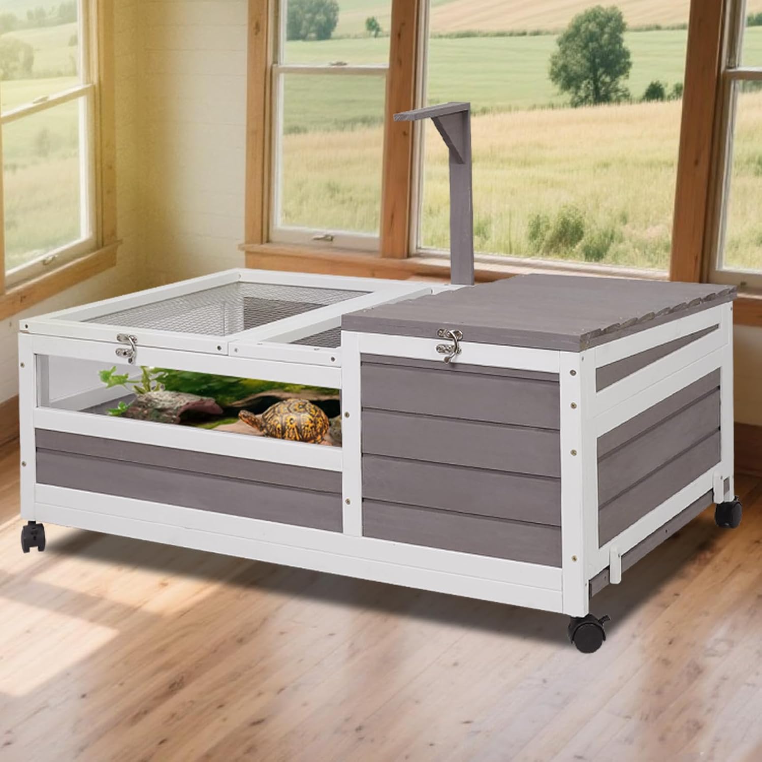 Tortoise Habitat Tank Indoor Outdoor, Wooden Tortoise House with Detachable Legs, 2-Room Reptile Turtle Enclosure Cage for Small Animals, Lamp Holder, Leakproof Tray, Grey