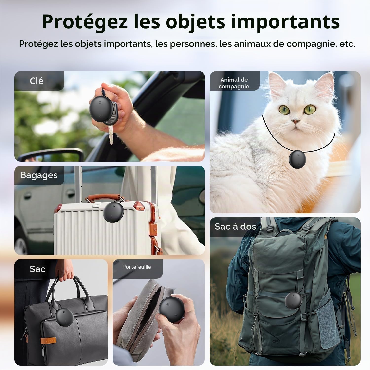 A collage of images showing the TDTOD Smart Tracker attached to various items: car keys, a pet collar, luggage, a handbag, and a wallet, demonstrating its versatility.