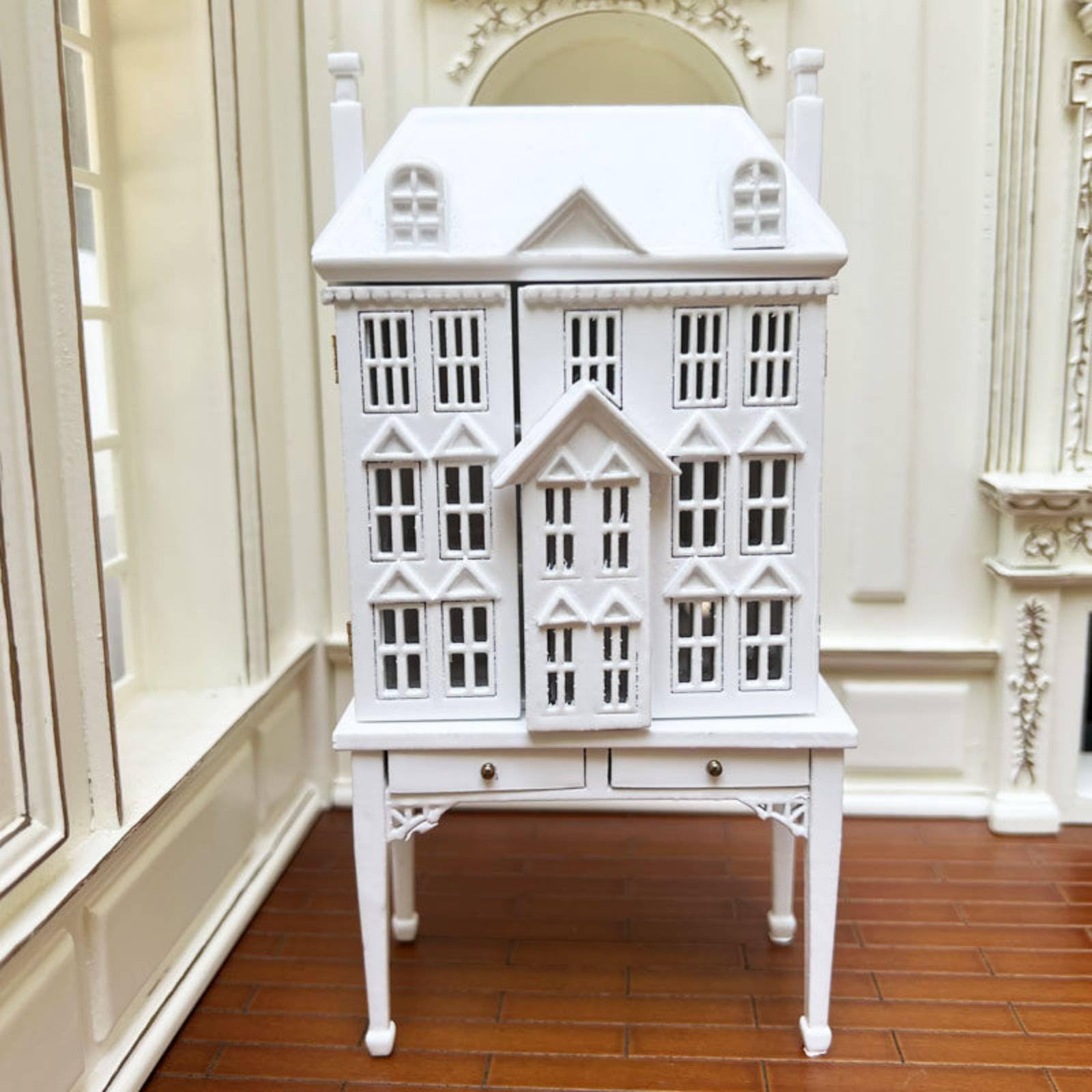 Miniatura Casa Delle Bambole Credenza Mobile Armadio Scaffale Silhouette Casa Dettagli Finestre E Tetto Adatto per Collezionisti E Arredo Interni Casa Bambole, Bianco