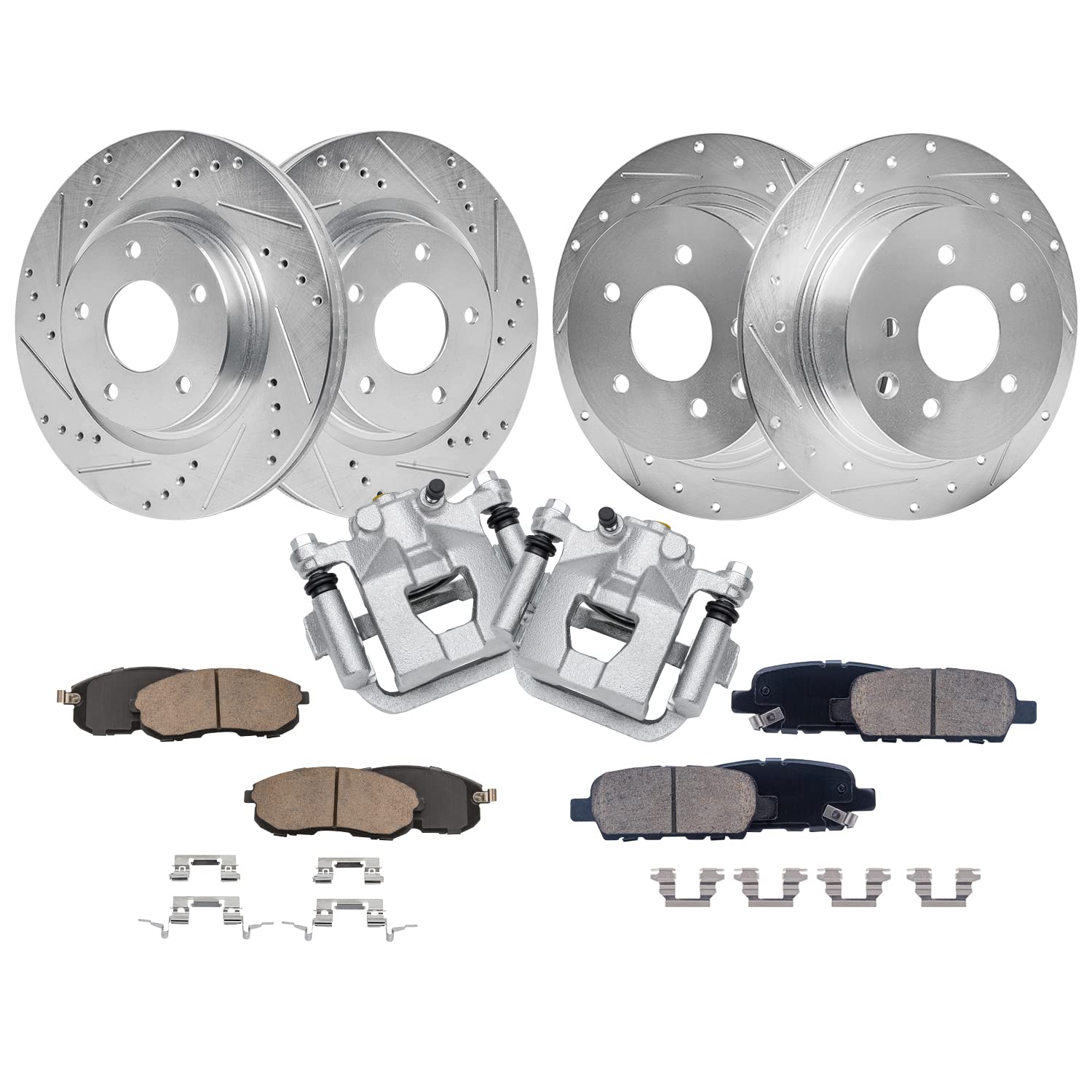 Detroit Axle - Brake Kit for 2007-2013 Nissan Altima, Rear Brake Calipers + | 11.65'' inch Front and 11.46'' inch Rear Drilled Slotted Brake Rotors Ceramic Brake Pads 2008 2009 2010 2011 2012